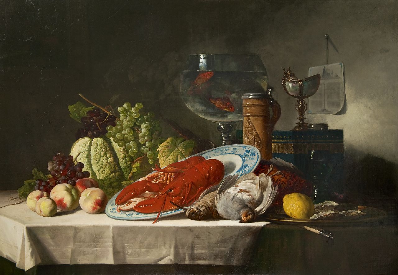 Luc Schaefels | Stilleven met kreeft en vissenkom, olieverf op doek, 91,2 x 130,3 cm, gesigneerd r.o. en gedateerd 1878