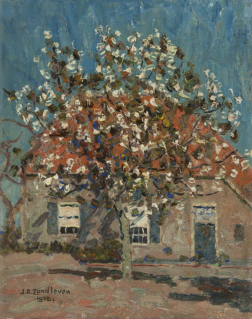 Zandleven J.A.  | Jan Adam Zandleven | Schilderijen te koop aangeboden | Bloeiende vruchtboom voor boerderij, olieverf op doek op paneel 40,2 x 32,1 cm, gesigneerd linksonder en gedateerd 1912