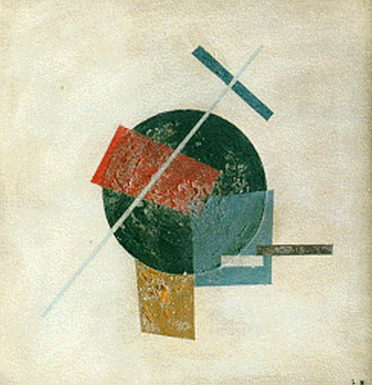 Kroha L.  | Ladislau Kroha, Suprematische compositie in zwart/geel/rood/blauw, olieverf op paneel 25,2 x 25,0 cm, gesigneerd rechtsonder mon