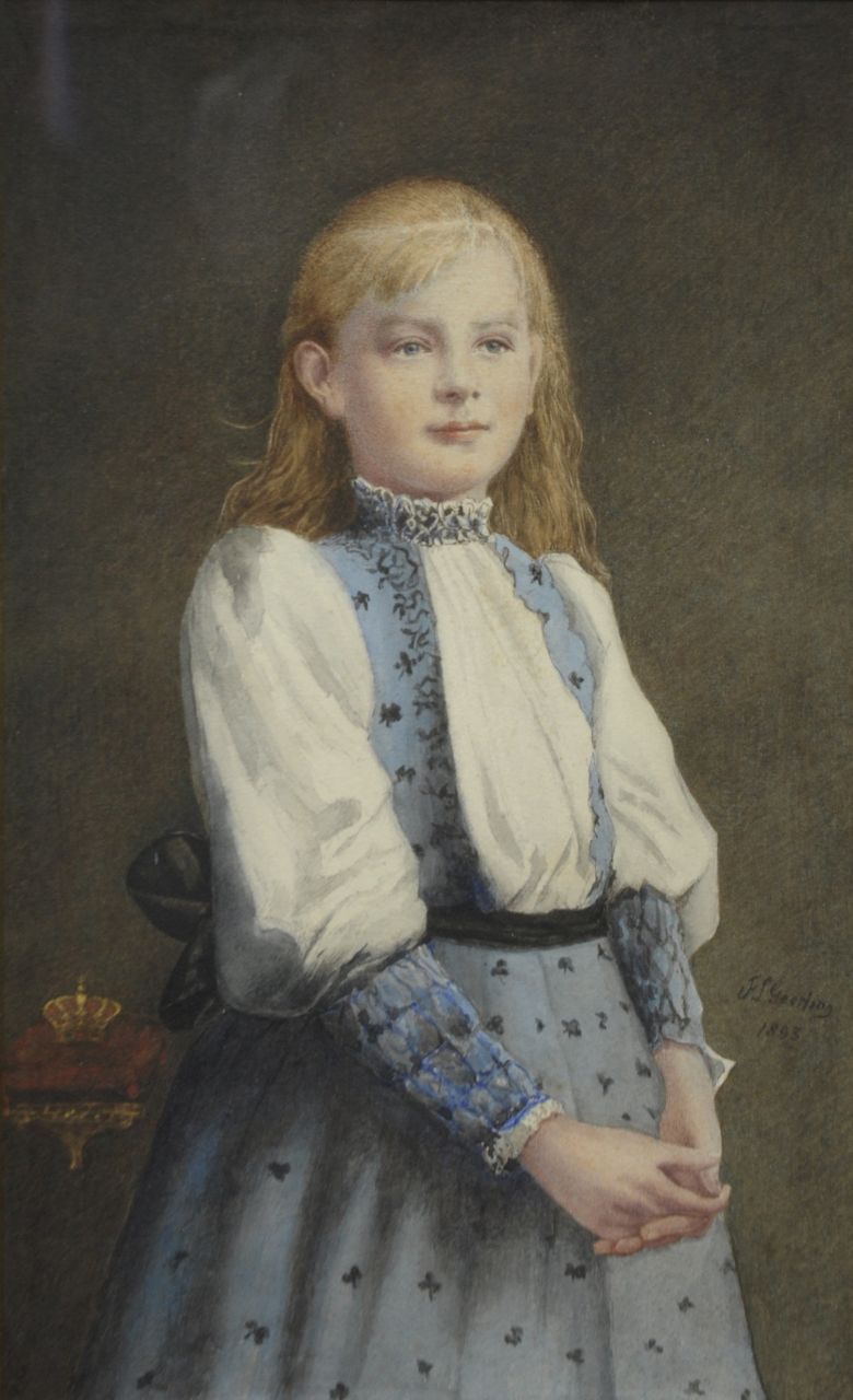 Geerling F.L.  | Frederik Lambertus Geerling, Portret van prinses Wilhelmina op 13-jarige leeftijd, potlood en aquarel op papier 39,5 x 24,0 cm, gesigneerd rechts van het midden en op achtertikkarton en gedateerd 1893