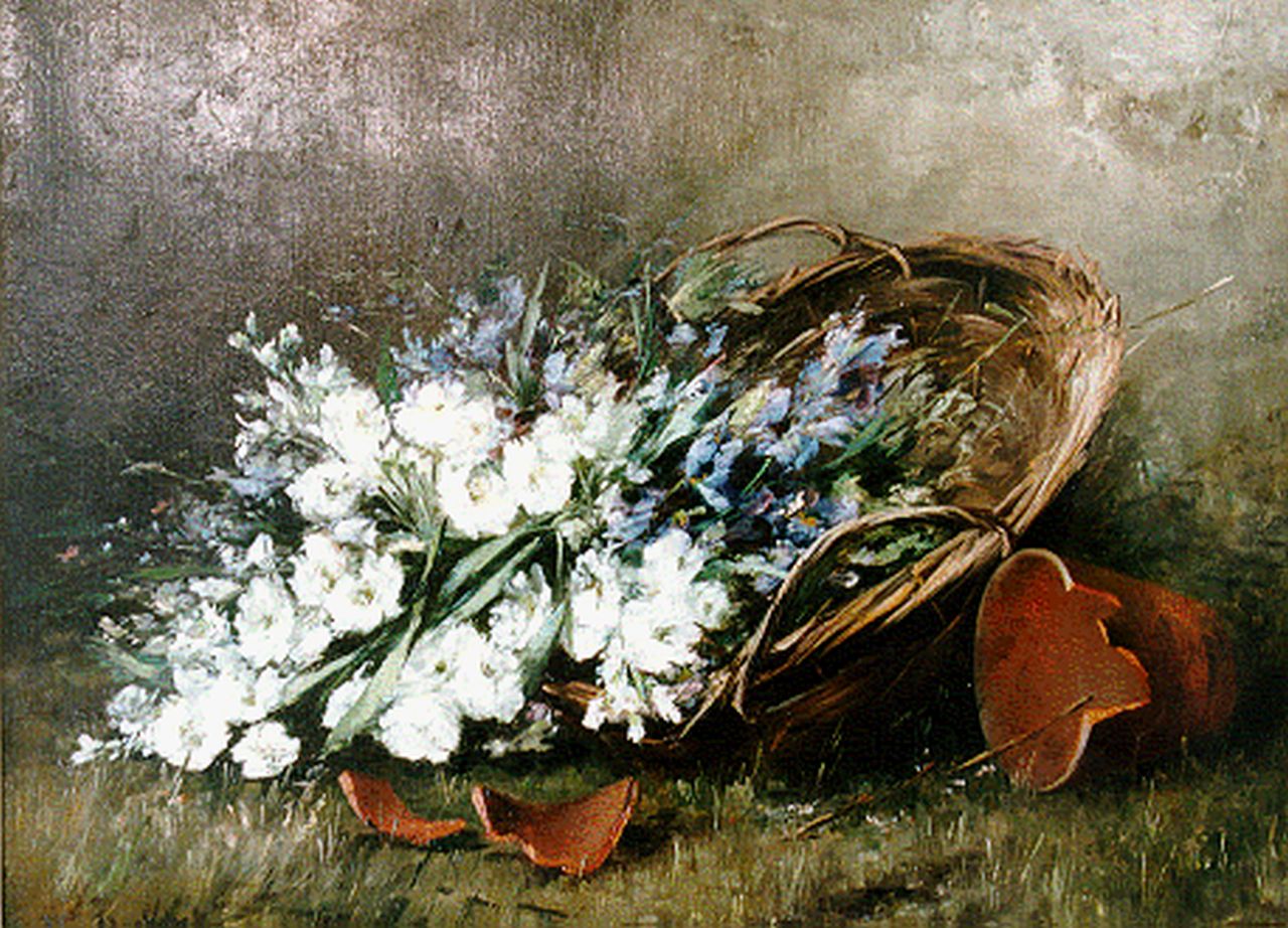 Deckers J.  | Jan Deckers, De omgevallen bloemenmand, olieverf op doek 55,5 x 75,5 cm, gesigneerd linksonder