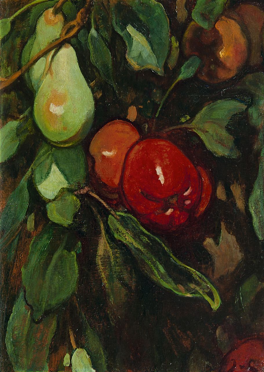 Looy J. van | Jacobus van Looy | Schilderijen te koop aangeboden | Rode appels en peren, olieverf op paneel 37,0 x 26,7 cm, gesigneerd rechtsonder met initialen