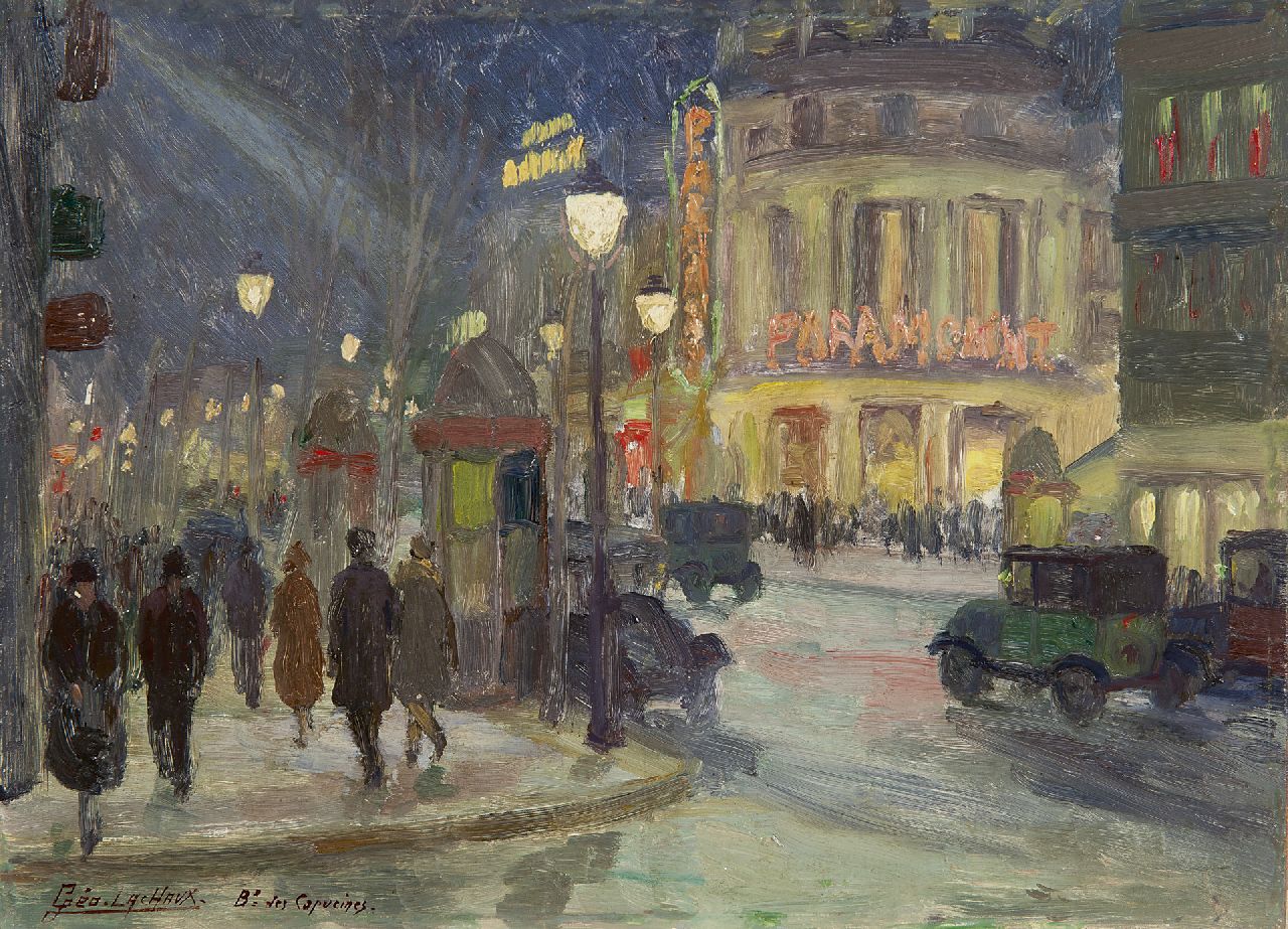 Georges Marius Géo-Lachaux | Het Paramount theater op de Boulevard des Capucines, Parijs, olieverf op paneel, 24,1 x 33,2 cm, gesigneerd l.o.