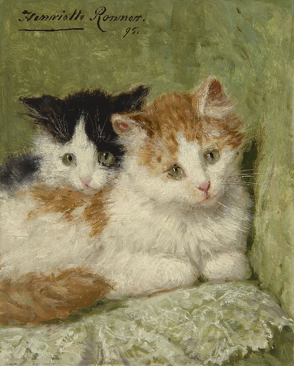 Ronner-Knip H.  | Henriette Ronner-Knip, Twee kittens op een kussen, olieverf op paneel 20,9 x 16,7 cm, gesigneerd linksboven en gedateerd '95
