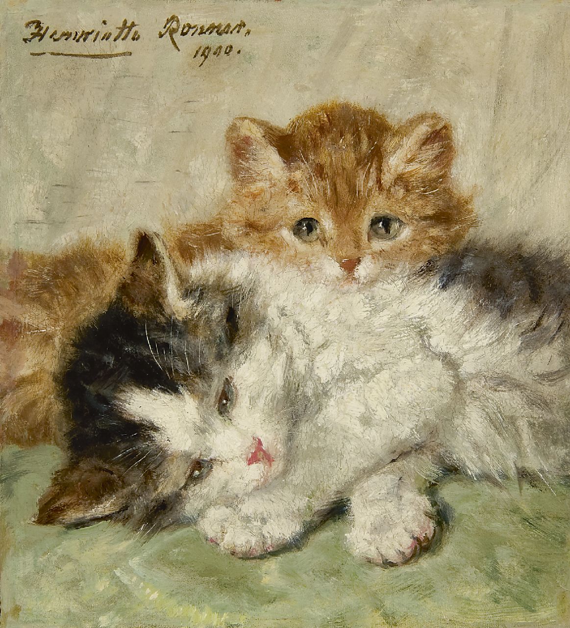 Ronner-Knip H.  | Henriette Ronner-Knip, Doezelende kittens, olieverf op paneel 17,9 x 16,5 cm, gesigneerd linksboven en gedateerd 1900