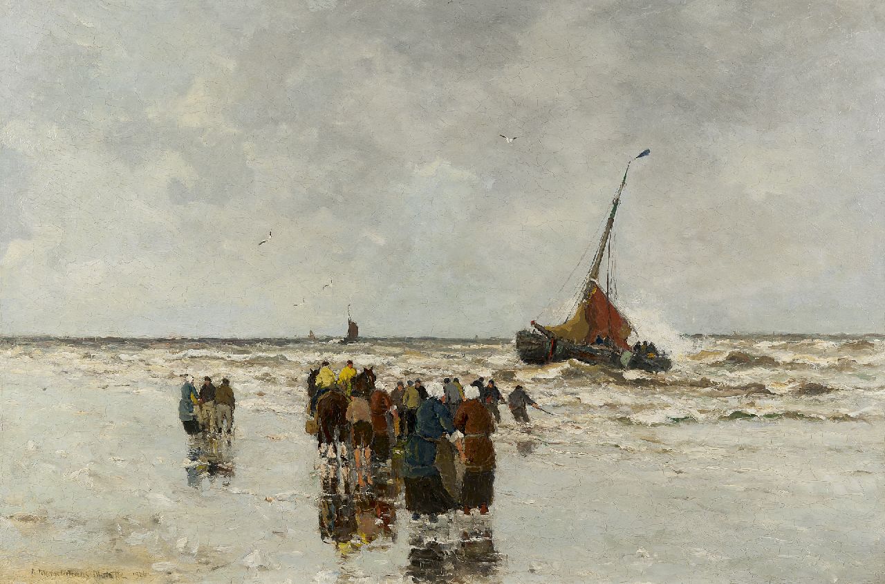 Munthe G.A.L. | Gerhard Arij Ludwig 'Morgenstjerne' Munthe, Vissersvrouwen en klijnhalers wachtend op het strand, olieverf op doek 61,1 x 92,0 cm, gesigneerd linksonder en op doekomslag links en gedateerd 1926 Munthe G.A.L. | Gerhard Arij Ludwig 'Morgenstjerne' Munthe, Vissersvrouwen en klijnhalers wachtend op het strand, olieverf op doek 61,1 x 92,0 cm, gesigneerd linksonder en op doekomslag links en gedateerd 1926