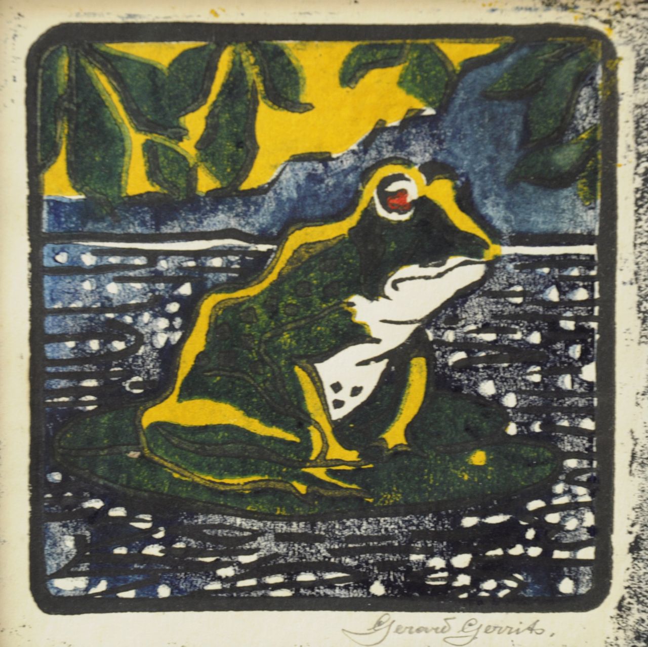 Gerrits G.C.J.  | Gerard Christiaan Joseph Gerrits, Kikker, linosnede op papier 16,0 x 16,0 cm, gesigneerd rechtsonder