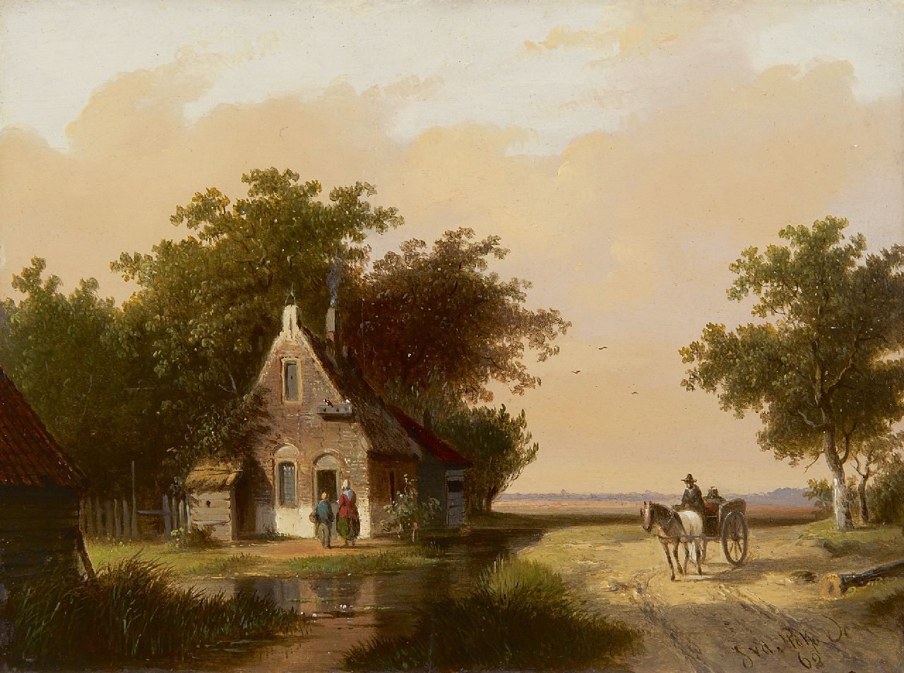 Stok J. van der | Jacobus van der Stok, Landschap met figuren bij een huisje, olieverf op paneel 18,9 x 25,3 cm, gesigneerd rechtsonder en gedateerd '62