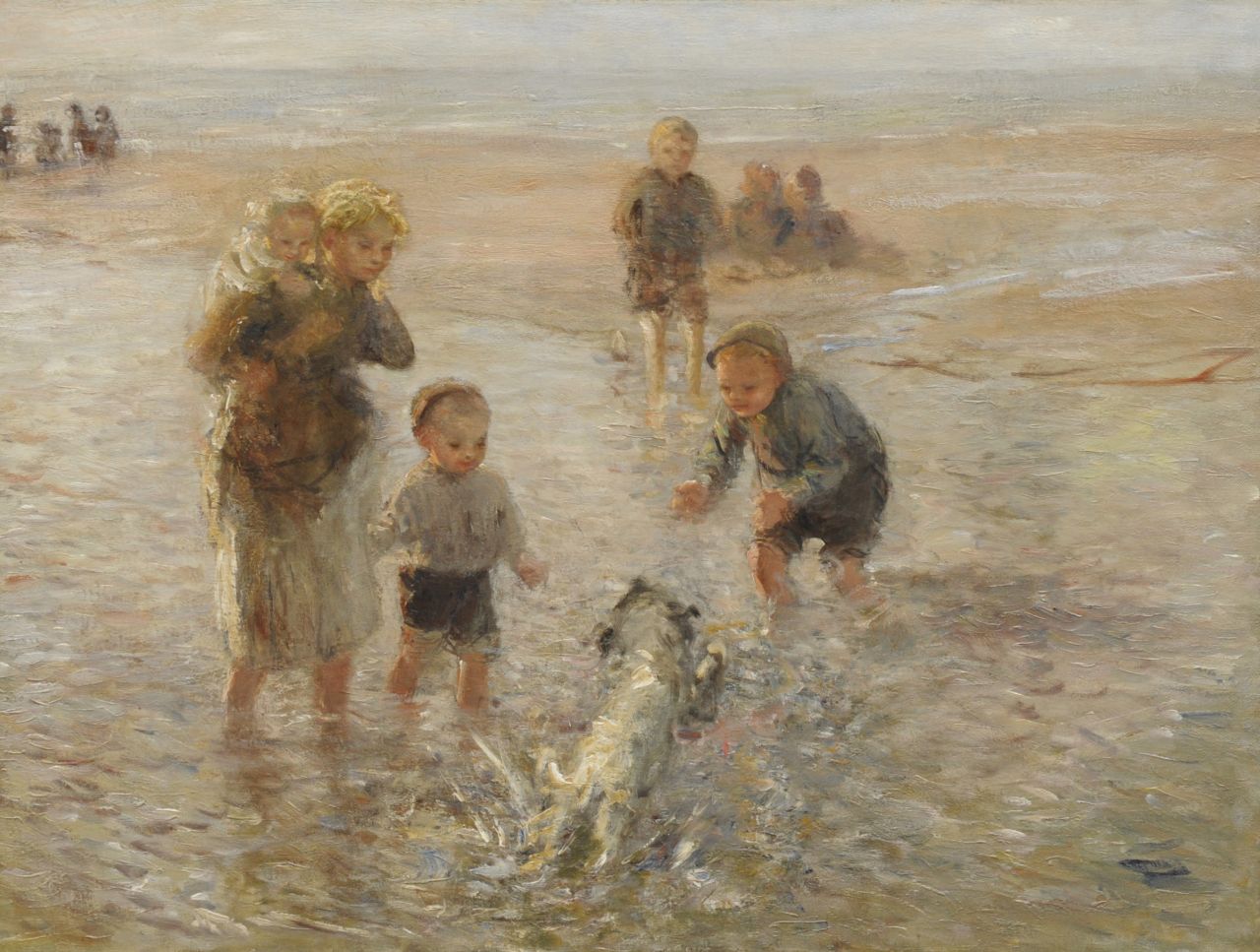 Blommers B.J.  | Bernardus Johannes Blommers, Met hond spelend op het strand, olieverf op doek 76,3 x 100,2 cm