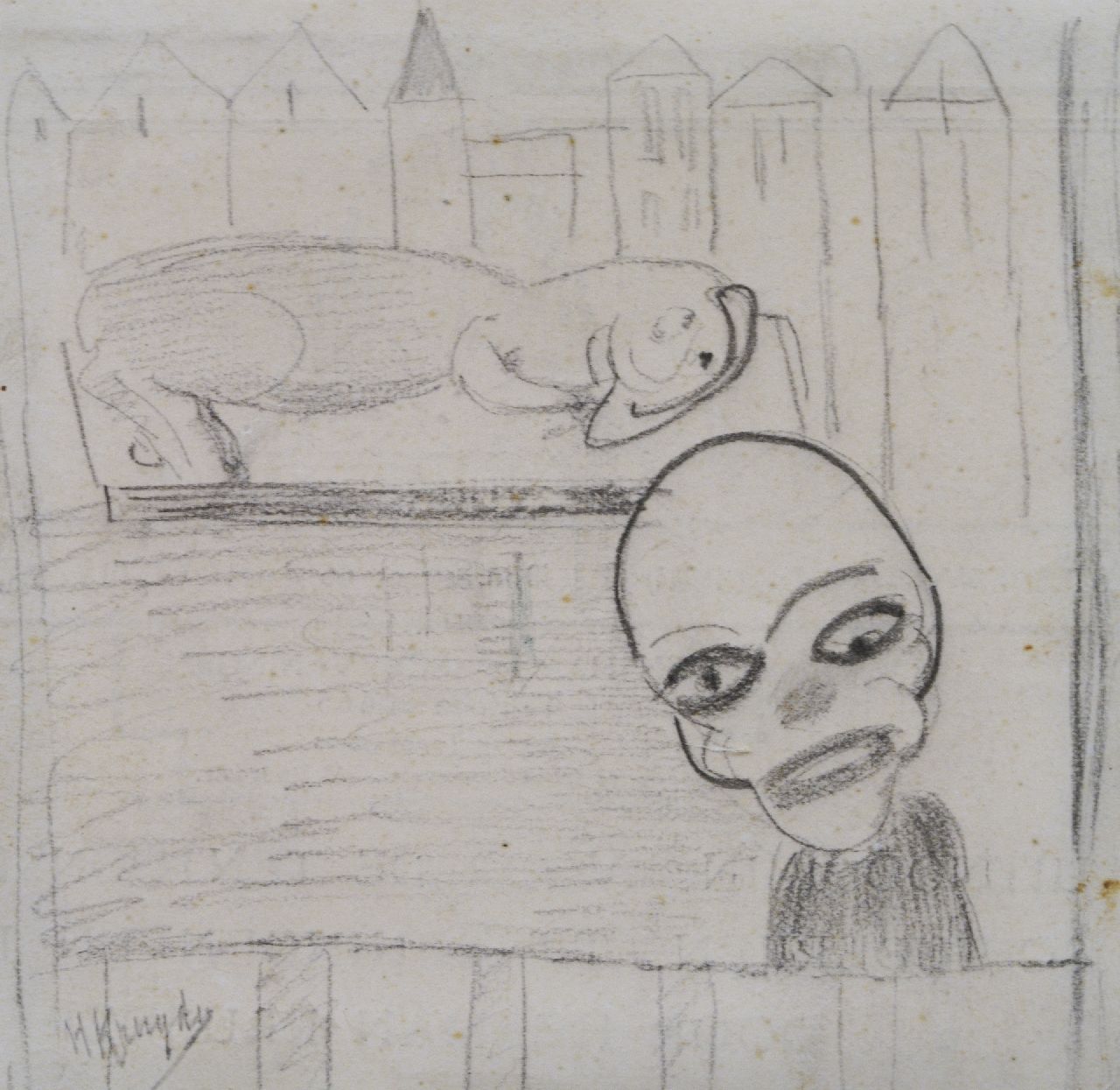 Kruyder H.J.  | 'Herman' Justus Kruyder | Aquarellen en tekeningen te koop aangeboden | Clown en dier, zwart krijt op papier 10,0 x 10,2 cm, gesigneerd linksonder