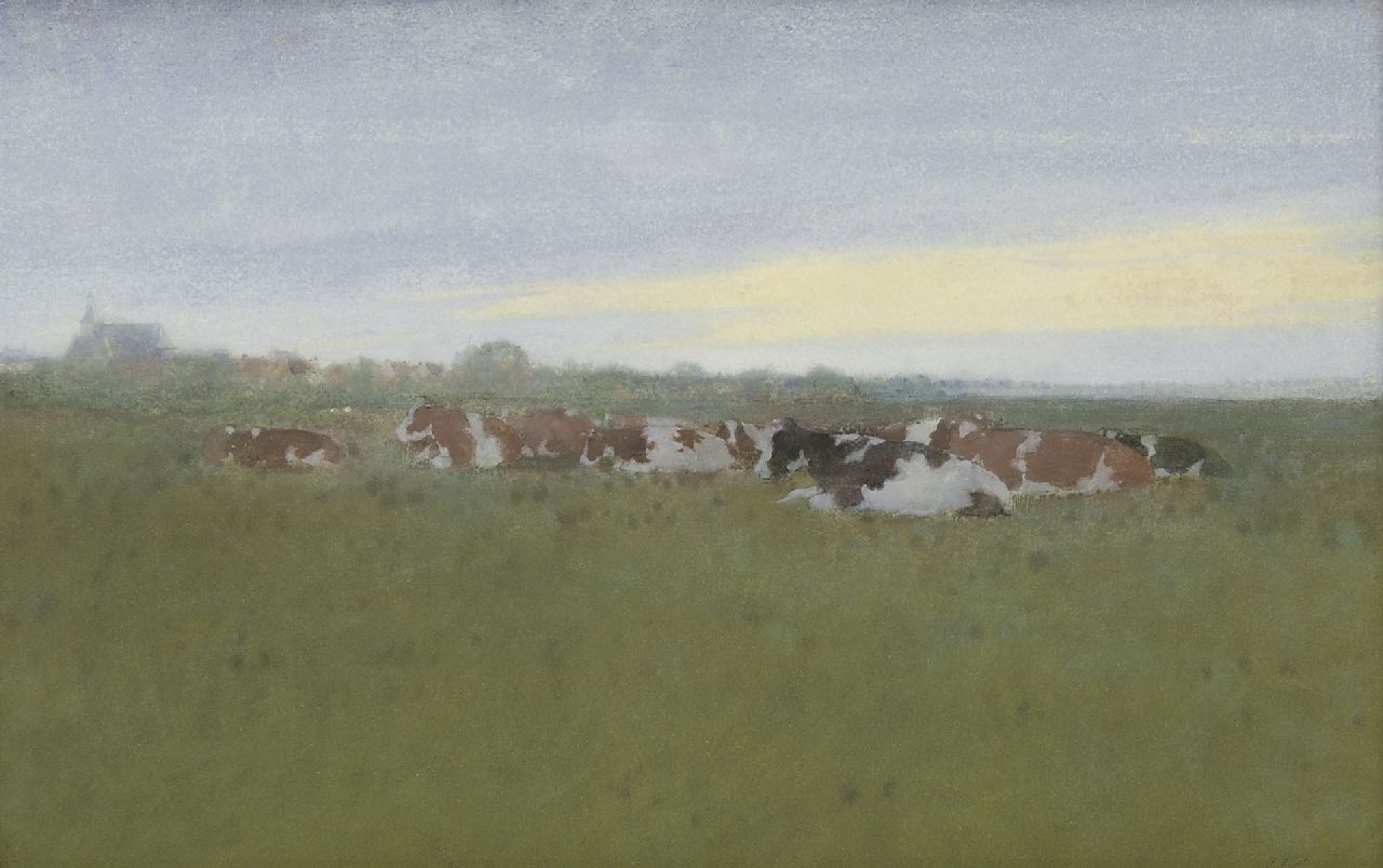 Voerman sr. J.  | Jan Voerman sr., Rustende koeien in de wei bij Hattem, aquarel op papier 27,7 x 42,9 cm, gesigneerd rechtsonder