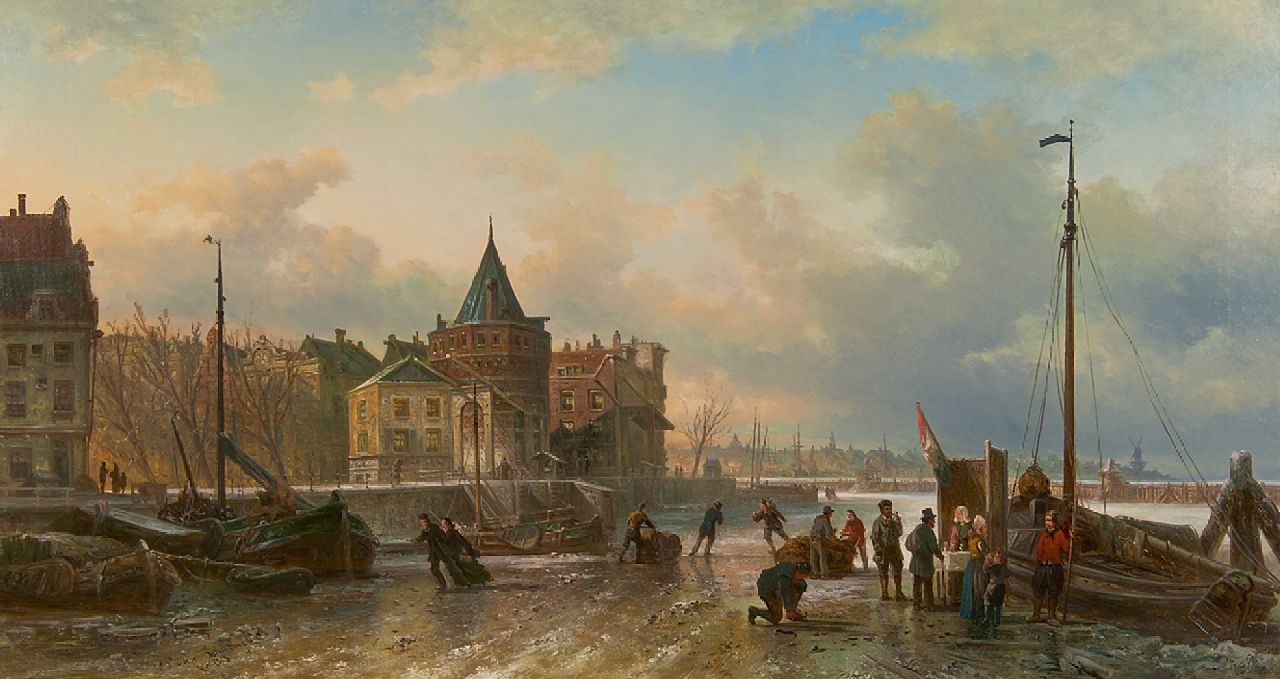 Bommel E.P. van | Elias Pieter van Bommel, IJsvertier bij de Schreierstoren, Amsterdam, olieverf op doek 54,3 x 100,4 cm, gesigneerd linksonder en gedateerd 1883