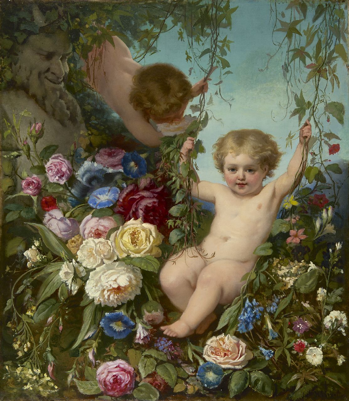 Scholten H.J.  | Hendrik Jacobus Scholten, Putti in bloementuin, olieverf op doek 76,5 x 66,5 cm, gesigneerd rechtsonder
