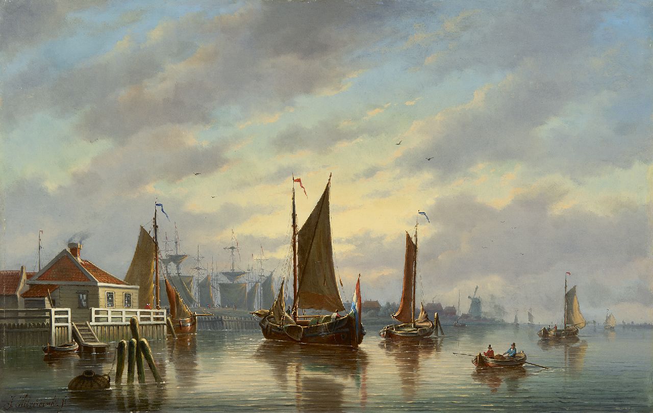 Hilverdink J.  | Johannes Hilverdink, Zeilschepen bij een stadshaven, olieverf op paneel 39,3 x 61,5 cm, gesigneerd linksonder