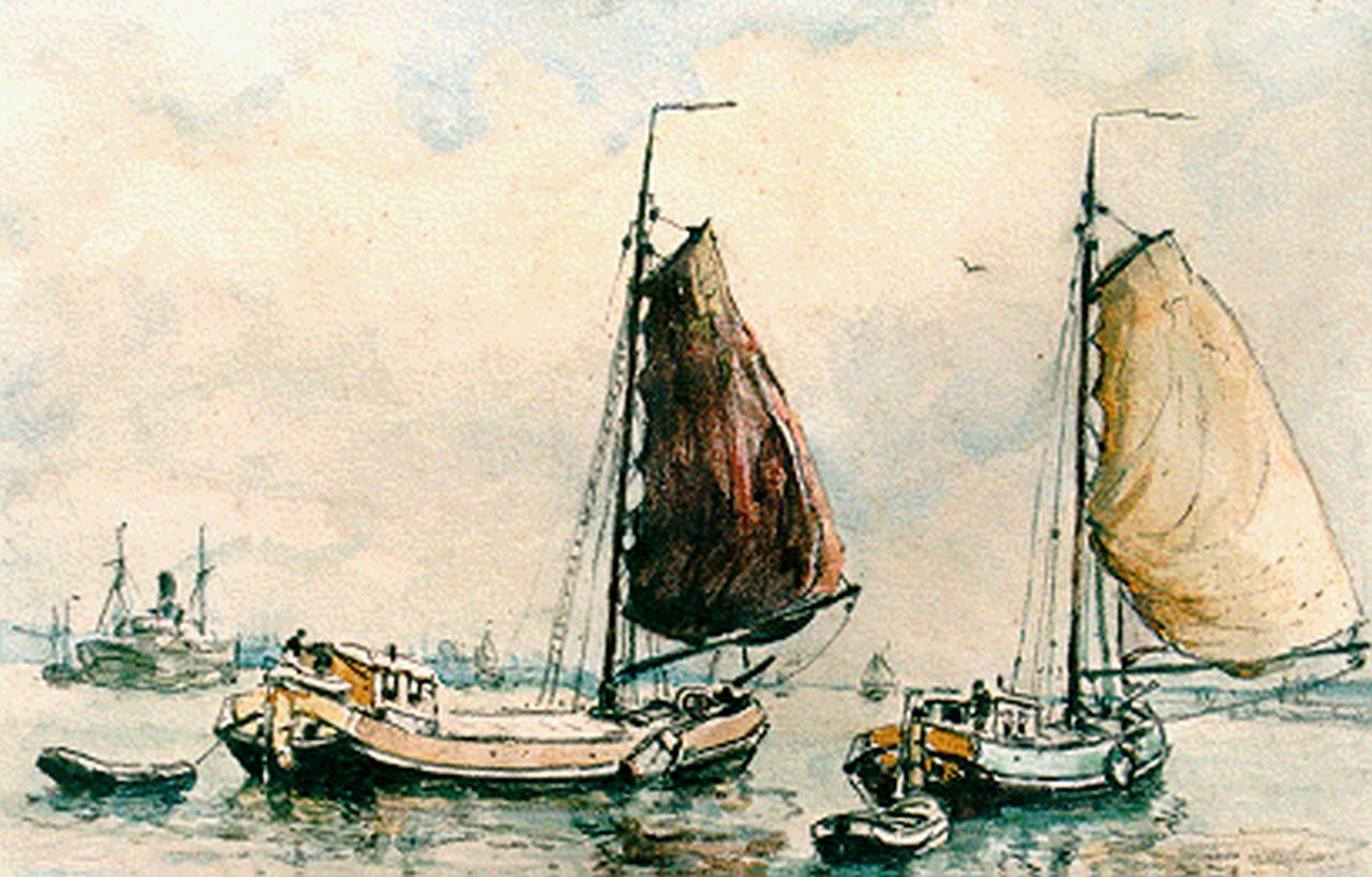 Moll E.  | Evert Moll, Tjalken op de rivier, gemengde techniek op papier 14,0 x 19,0 cm, gesigneerd linksonder
