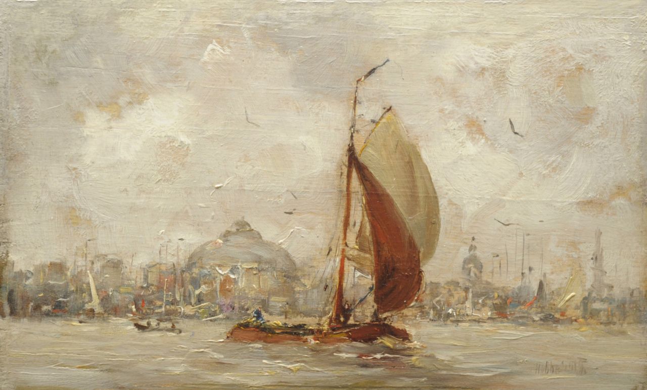 Smith H.  | Hobbe Smith, Uitvarende tjalk bij Amsterdam, olieverf op paneel 13,0 x 21,1 cm, gesigneerd rechtsonder