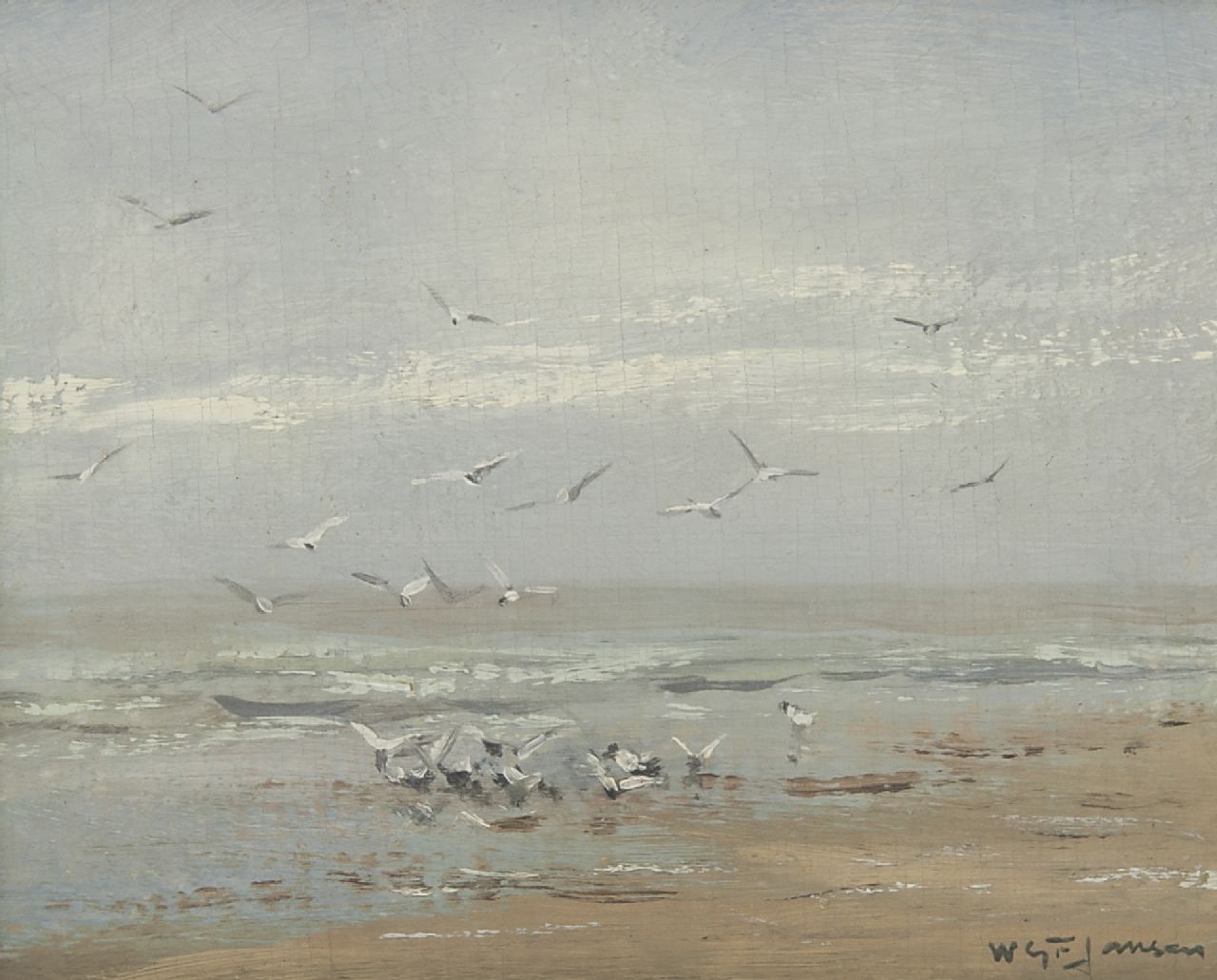 Jansen W.G.F.  | 'Willem' George Frederik Jansen, Meeuwen op het strand, olieverf op doek 19,5 x 26,0 cm, gesigneerd rechtsonder