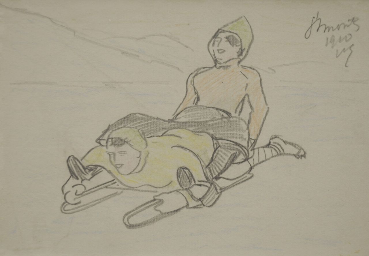 Sluiter J.W.  | Jan Willem 'Willy' Sluiter, Samen op de bobslee, potlood en kleurpotlood op papier 11,3 x 16,2 cm, gesigneerd rechtsboven met initialen en gedateerd 1910