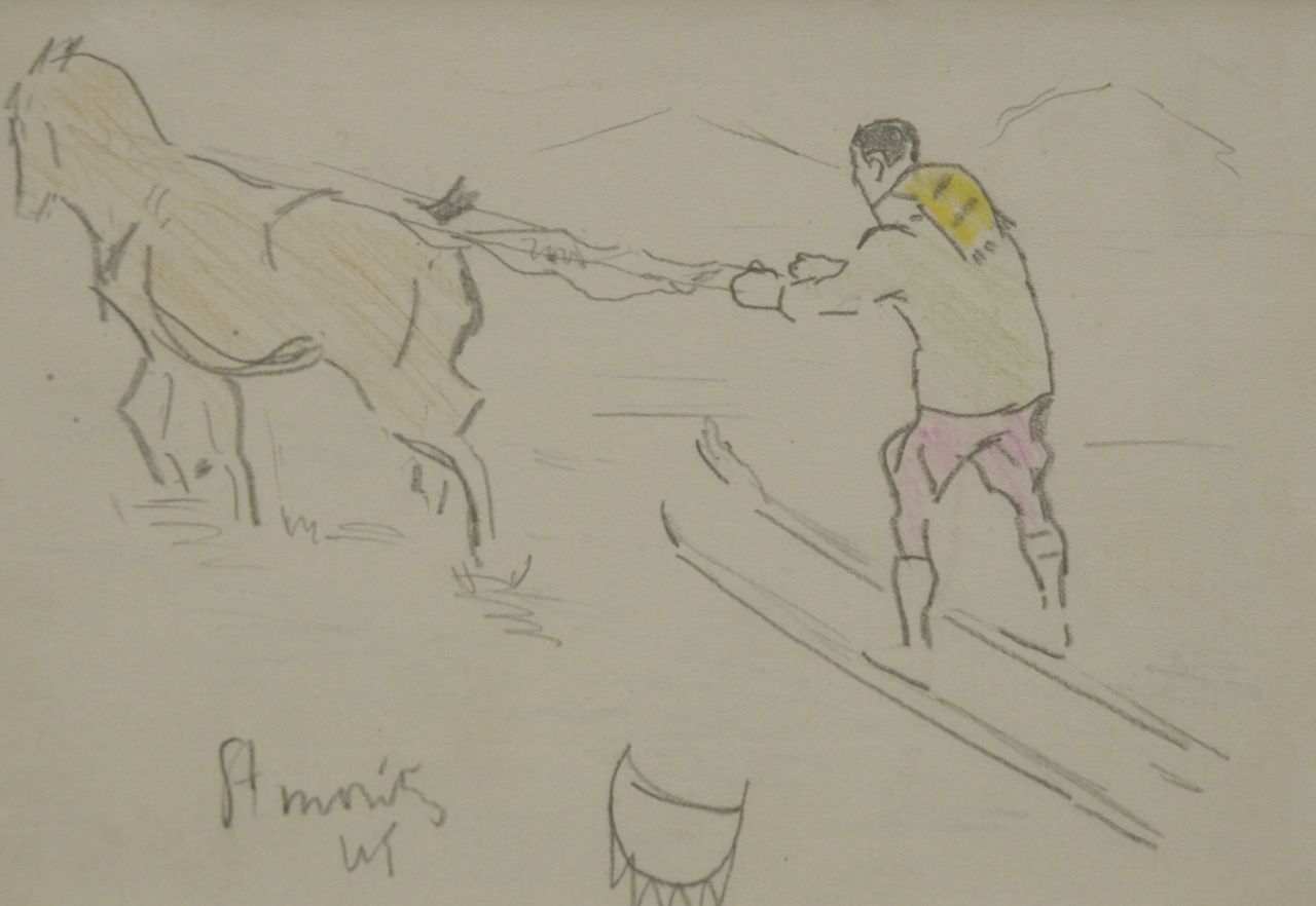 Sluiter J.W.  | Jan Willem 'Willy' Sluiter, Ski joering, St. Moritz 1910, potlood en kleurpotlood op papier 11,0 x 15,9 cm, gesigneerd linksonder met initialen en gedateerd 1910