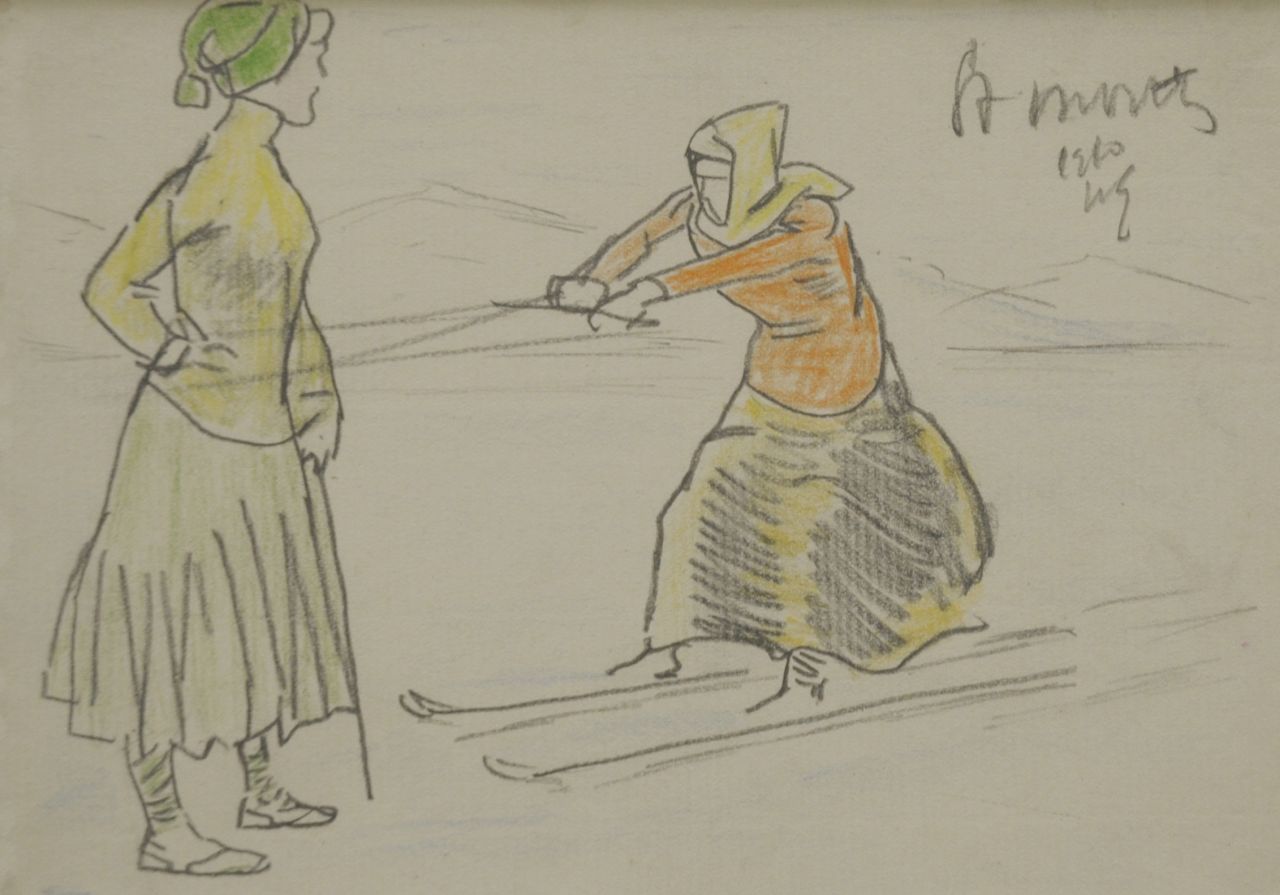 Sluiter J.W.  | Jan Willem 'Willy' Sluiter, Ski joering, St. Moritz, potlood en kleurpotlood op papier 11,8 x 16,5 cm, gesigneerd rechtsboven met initialen en gedateerd 1910