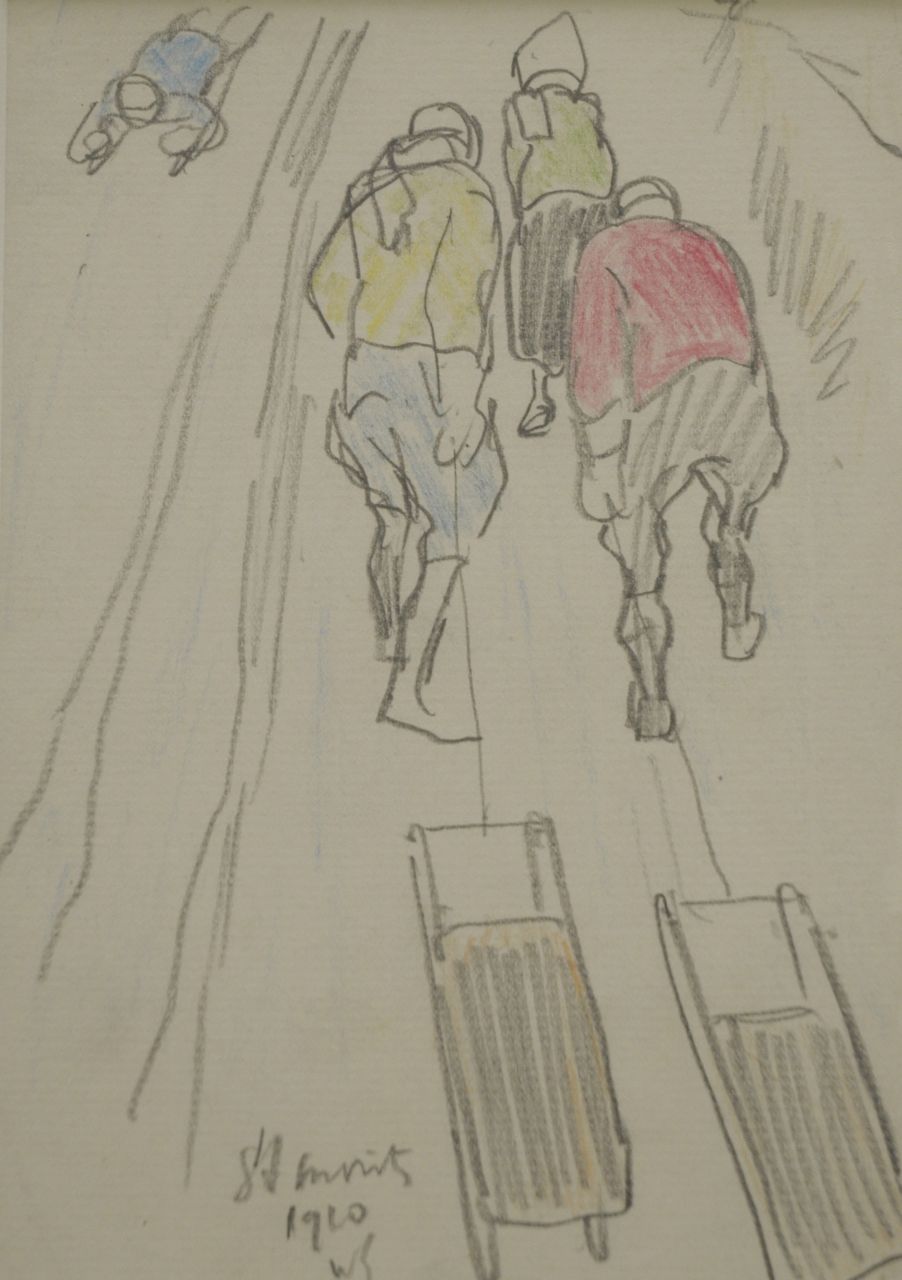 Sluiter J.W.  | Jan Willem 'Willy' Sluiter, De berg op met de slee, St. Moritz, potlood en kleurpotlood op papier 17,0 x 11,8 cm, gesigneerd middenonder met initialen en gedateerd 1910