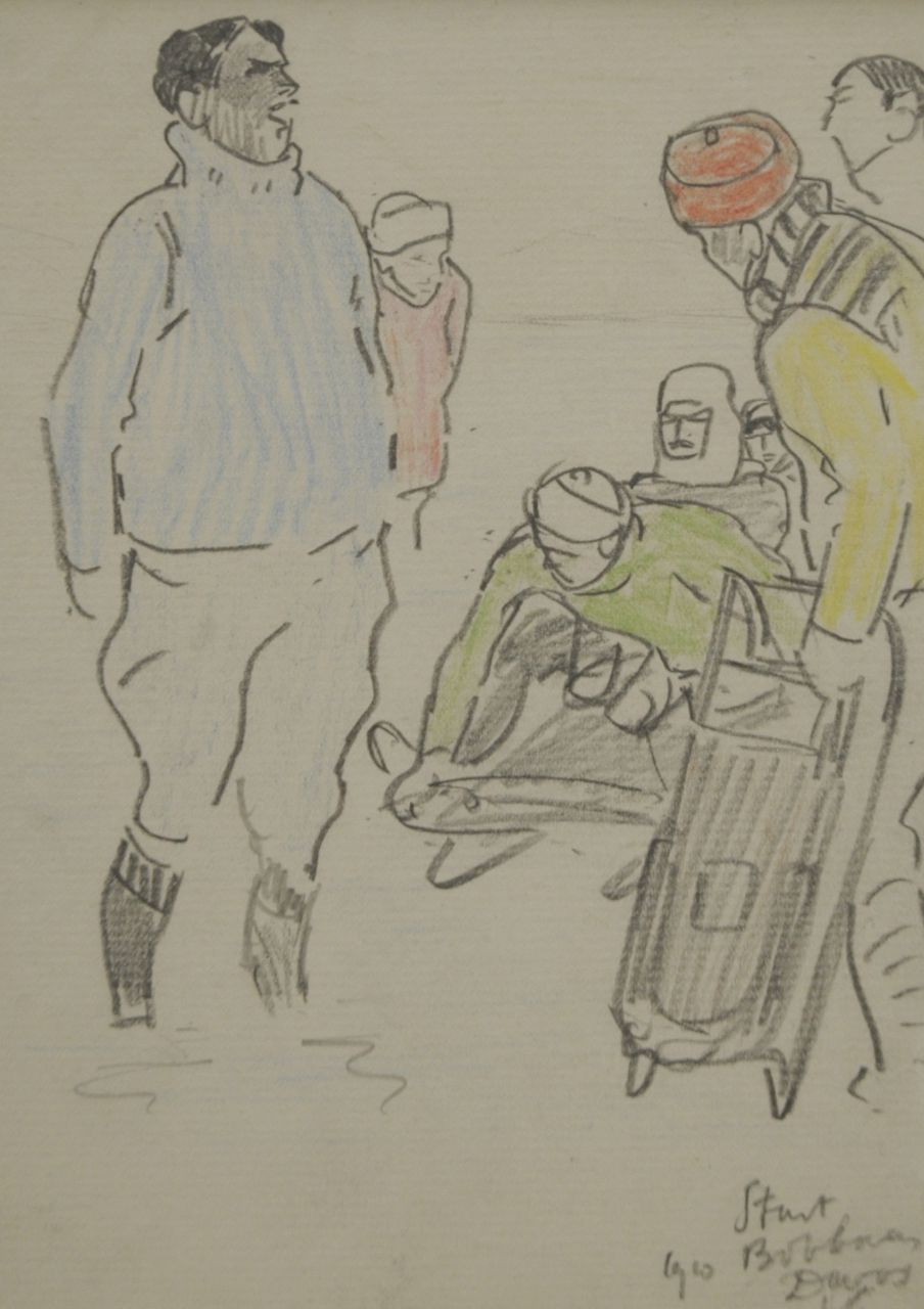 Sluiter J.W.  | Jan Willem 'Willy' Sluiter, Start bobbaan, Davos 1910, potlood en kleurpotlood op papier 16,9 x 11,8 cm, gesigneerd rechtsonder met initialen en gedateerd 1910
