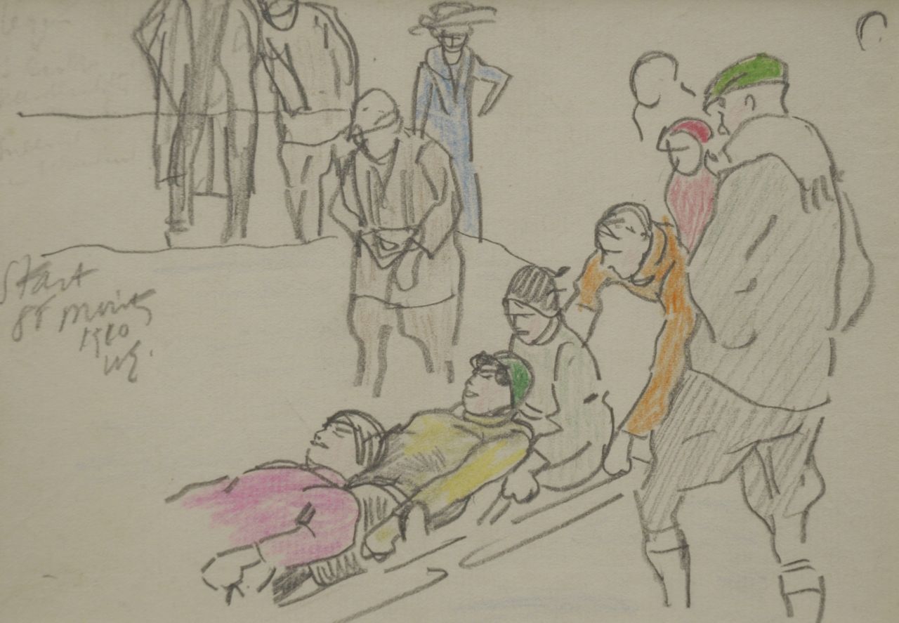 Sluiter J.W.  | Jan Willem 'Willy' Sluiter, Start skeleton, St Moritz 1910, potlood en kleurpotlood op papier 11,6 x 16,2 cm, gesigneerd links van het midden met initialen en gedateerd 1910