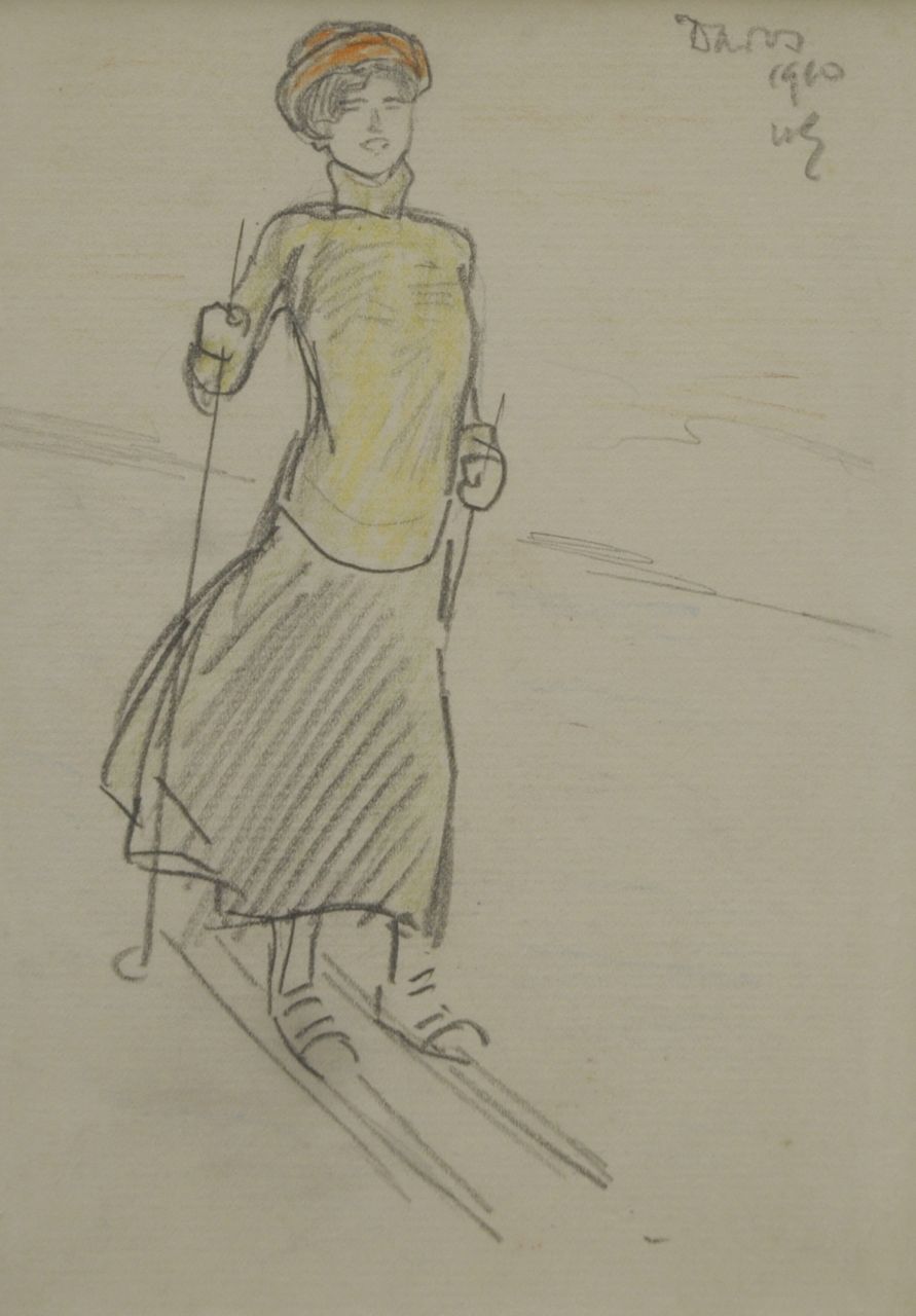 Sluiter J.W.  | Jan Willem 'Willy' Sluiter, Op de skies, Davos, potlood en kleurpotlood op papier 16,2 x 11,2 cm, gesigneerd rechtsboven met initialen en gedateerd 1910