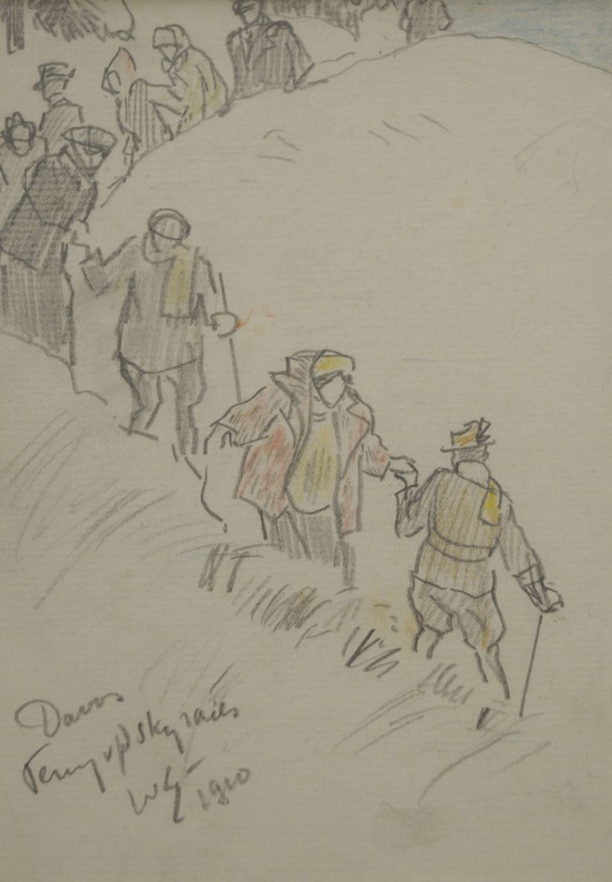 Sluiter J.W.  | Jan Willem 'Willy' Sluiter, Terug van de skiraces, Davos, potlood en kleurpotlood op papier 17,2 x 12,6 cm, gesigneerd linksonder met initialen en gedateerd 1910