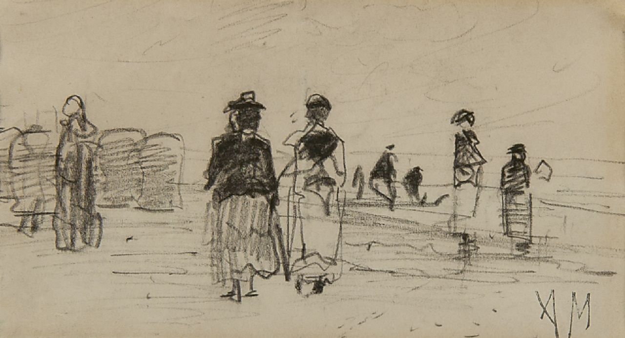 Mauve A.  | Anthonij 'Anton' Mauve, Wandelaars op het strand; verso: Landschap, potlood op papier 7,7 x 13,4 cm, gesigneerd rechtsonder met atelierstempel (AM)