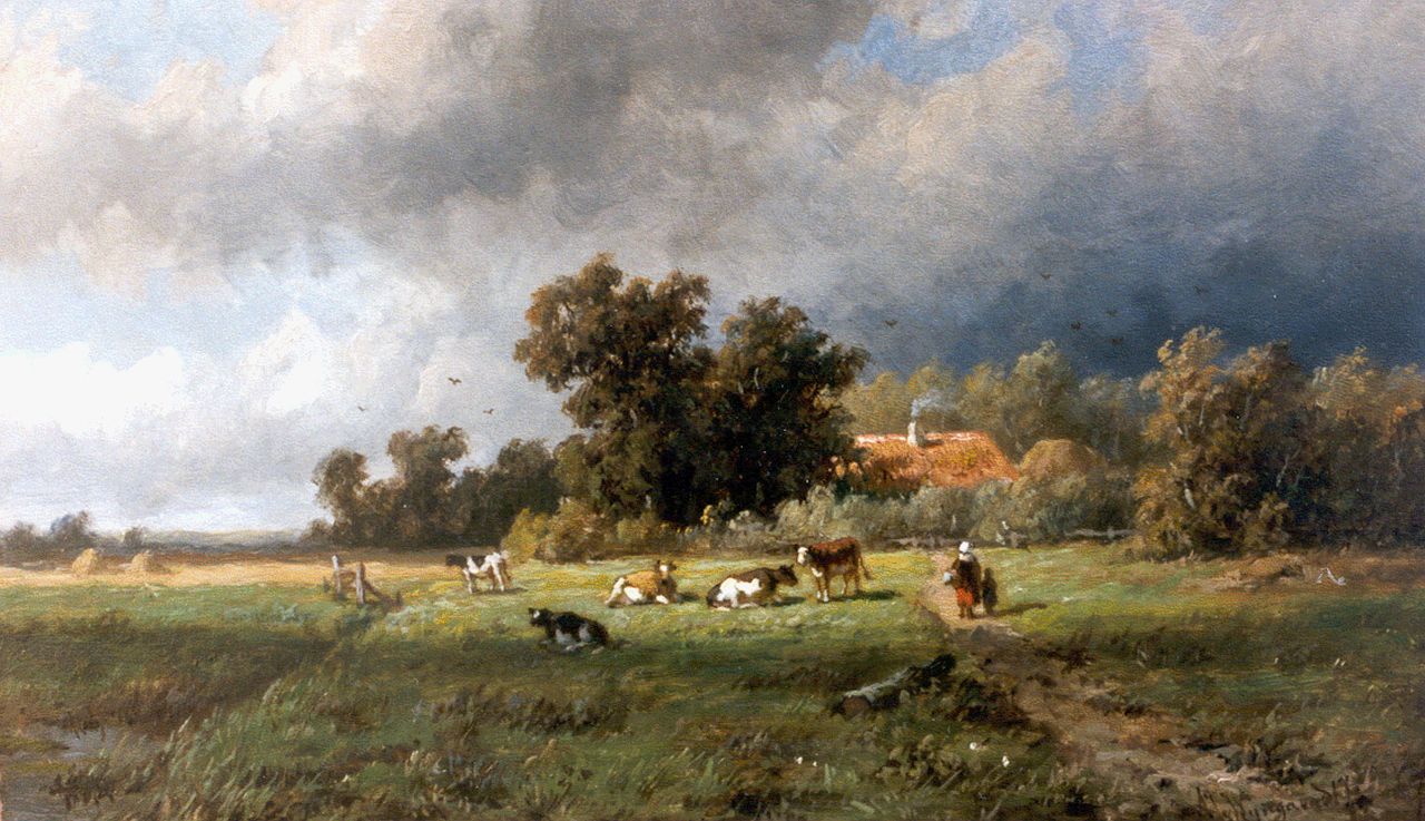 Wijngaerdt A.J. van | Anthonie Jacobus van Wijngaerdt, Landschap met boerderij en vee, olieverf op paneel 18,0 x 30,1 cm, gesigneerd rechtsonder