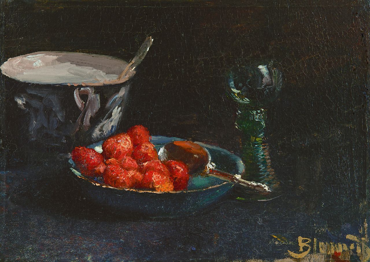 Blommers B.J.  | Bernardus Johannes Blommers | Schilderijen te koop aangeboden | Aardbeien met slagroom (en rijnwijnglas), olieverf op doek 28,8 x 40,0 cm, gesigneerd rechtsonder en te dateren ca. 1880