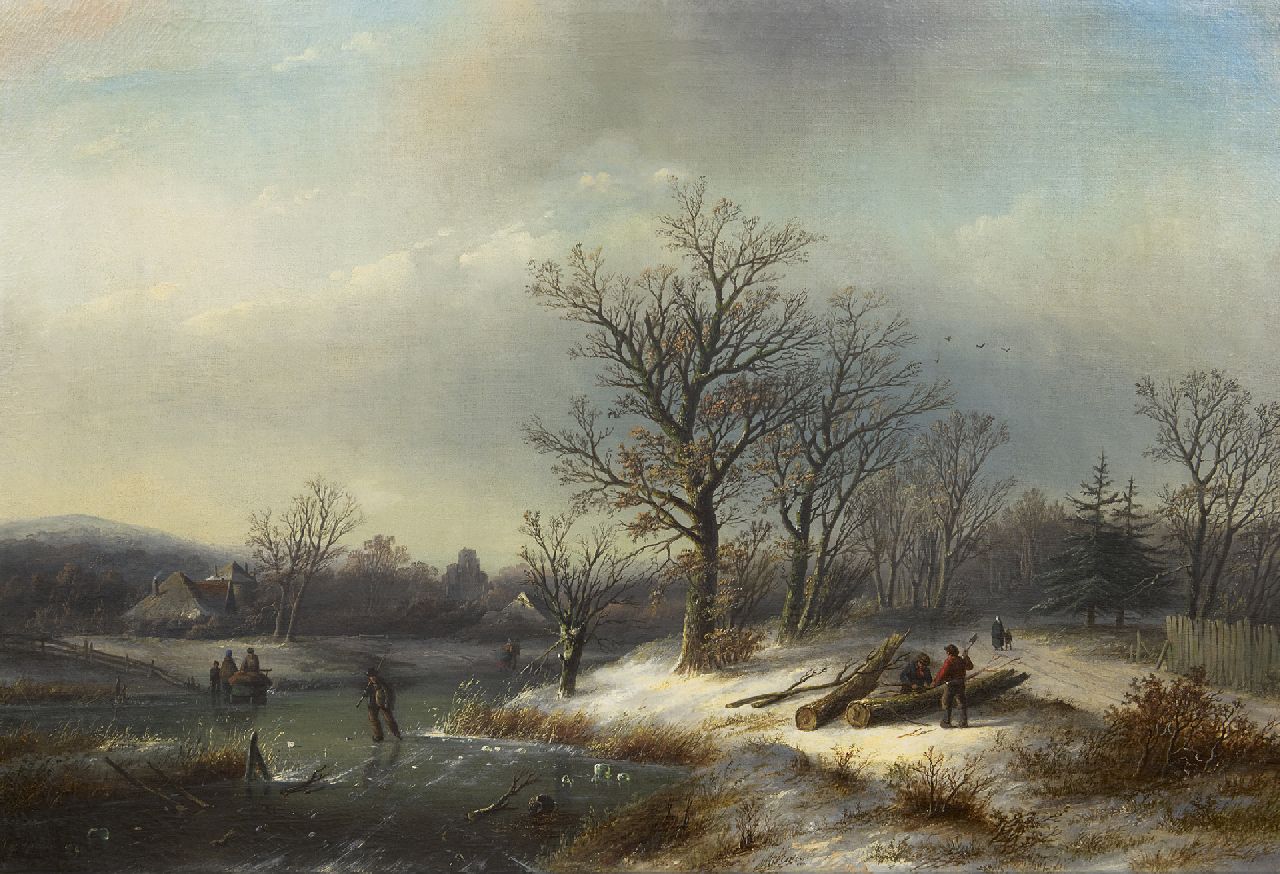 Spohler J.J.C.  | Jacob Jan Coenraad Spohler, Winterlandschap met houthakkers en schaatsers, olieverf op doek 65,0 x 95,3 cm, gesigneerd linksonder