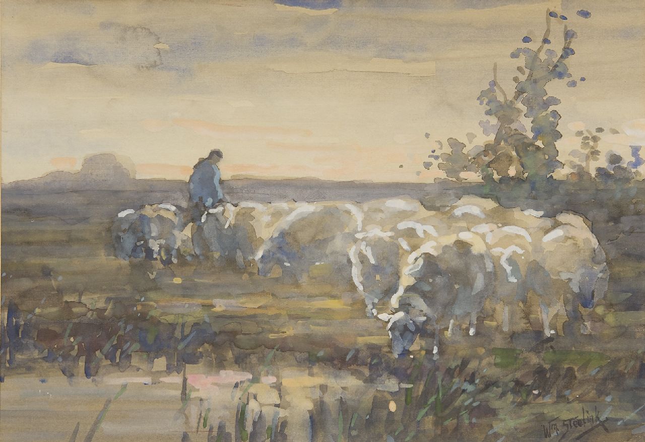 Steelink jr. W.  | Willem Steelink jr. | Aquarellen en tekeningen te koop aangeboden | Herder met schapen, aquarel op papier 28,0 x 41,0 cm, gesigneerd rechtsonder