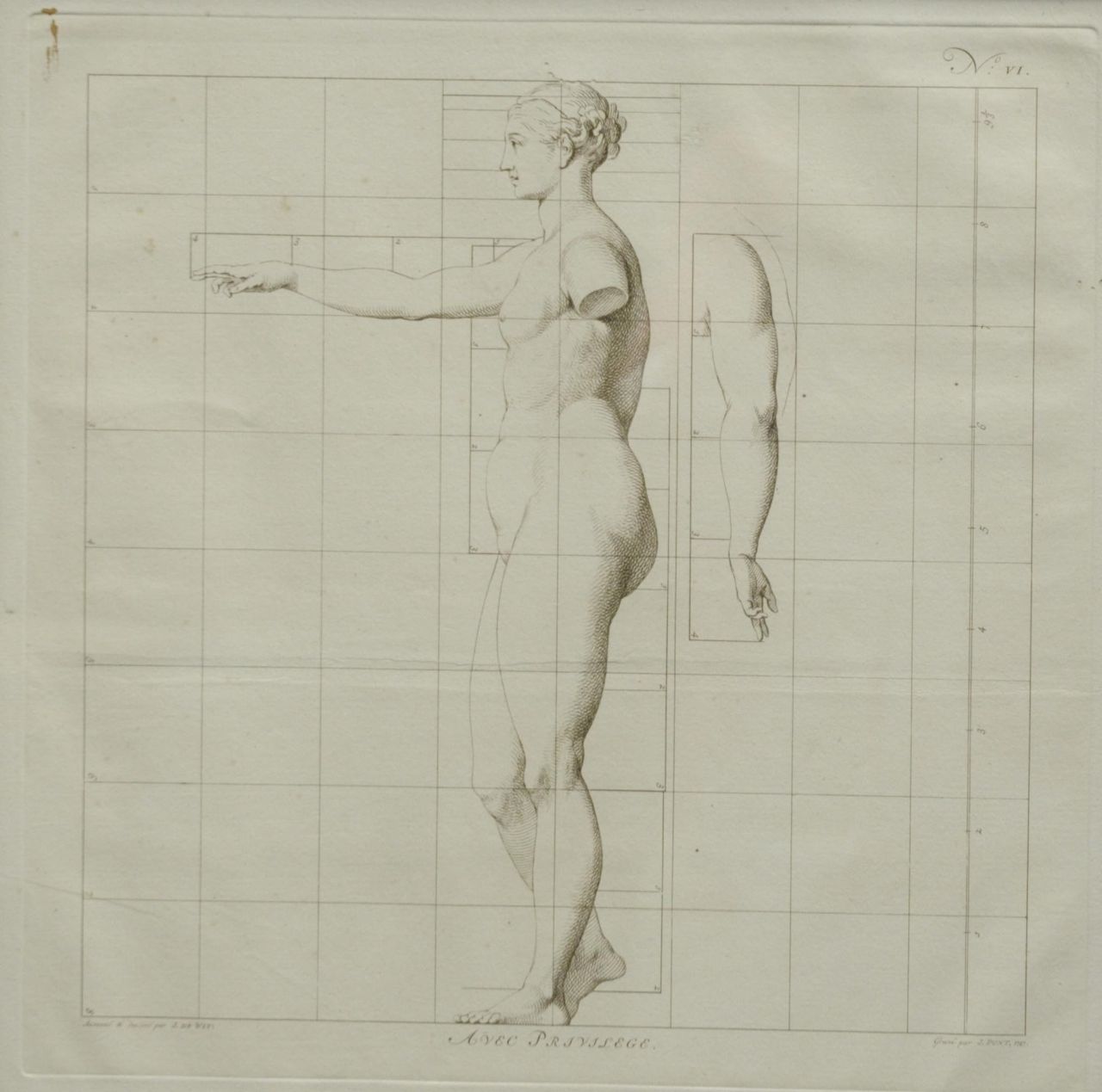 Wit J. de | Jacob de Wit, De ideale proporties van het menselijk lichaam - Vrouw  (no.VI), gravure op papier 40,0 x 40,0 cm