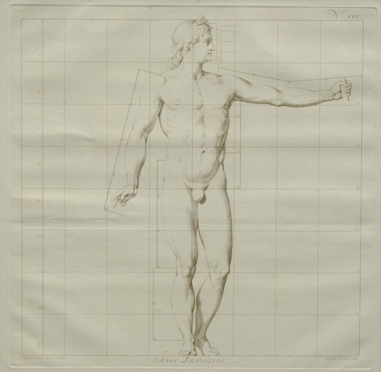 Wit J. de | Jacob de Wit, De ideale proporties van het menselijk lichaam - Man (no.VIII), gravure op papier 40,0 x 40,0 cm