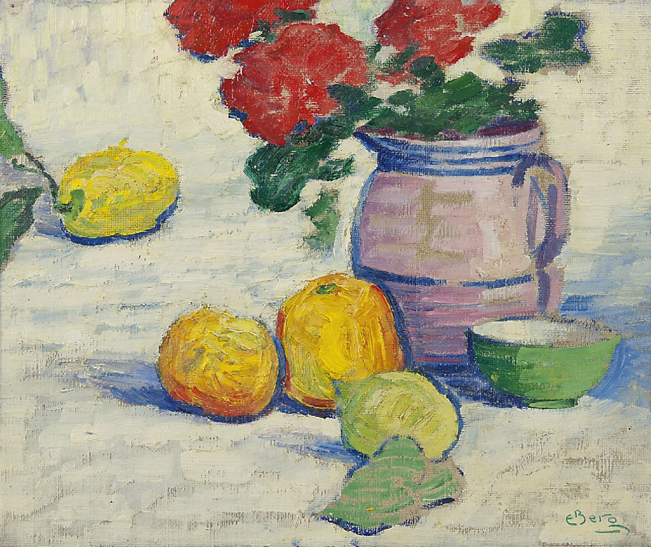 Berg E.  | Else Berg, Stilleven met fruit en kan, olieverf op schildersboard 36,0 x 43,3 cm, gesigneerd rechtsonder en verso