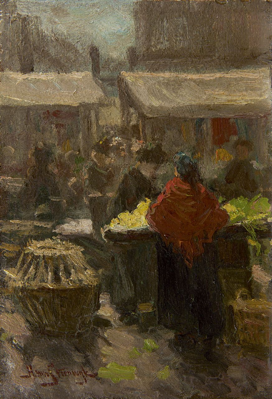 Hendrik van Steenwijk | Markt, olieverf op paneel, 27,8 x 19,4 cm, gesigneerd l.o.