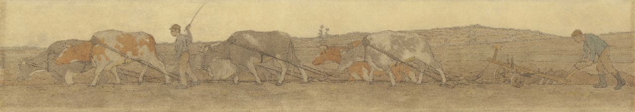 Breman A.J.  | Ahazueros Jacobus 'Co' Breman, Ploegende boeren, krijt en gouache op papier 36,0 x 208,0 cm, gesigneerd rechtsonder en gedateerd 1908