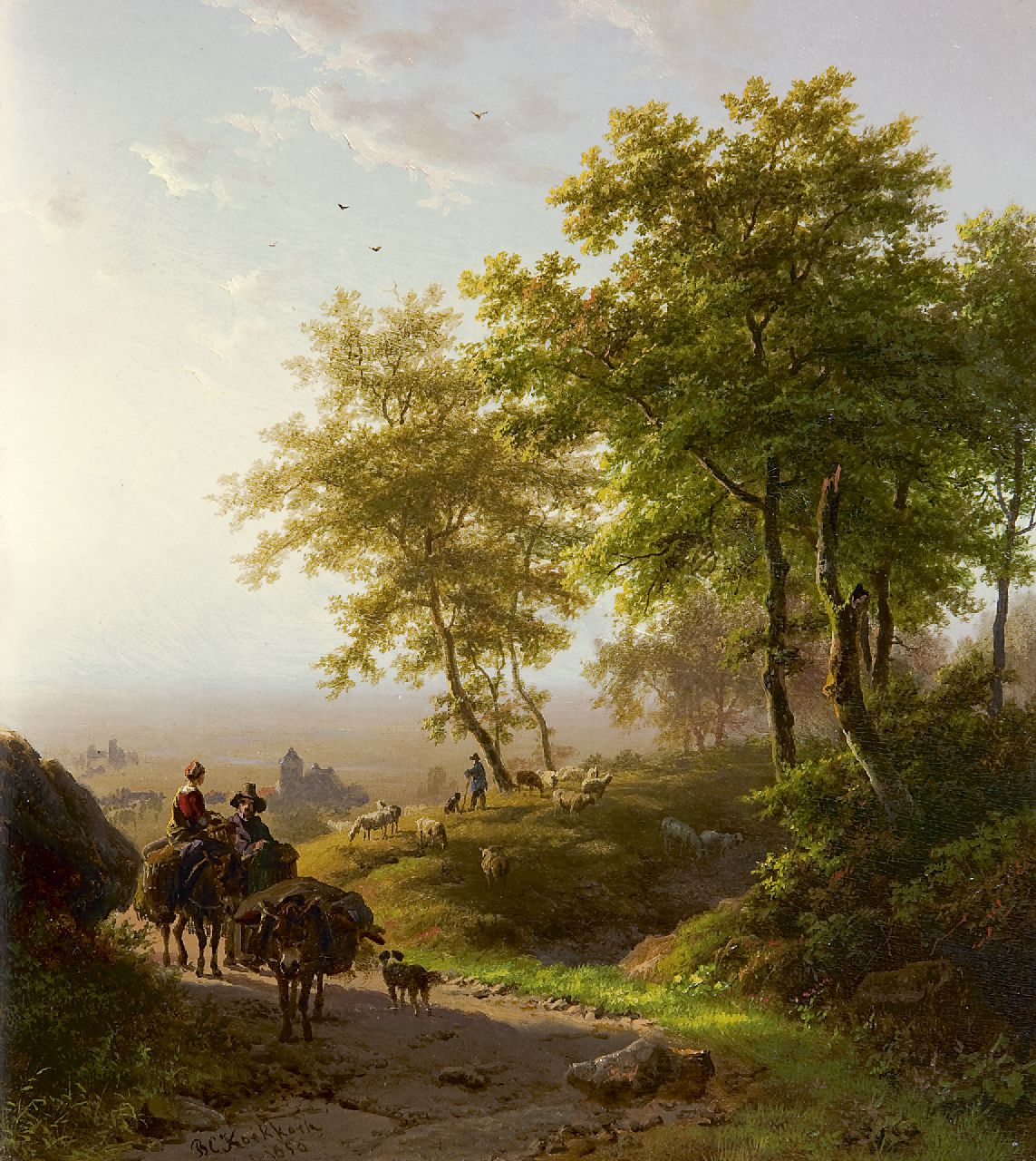 Koekkoek B.C.  | Barend Cornelis Koekkoek, Boomrijk landschap bij morgenstond, olieverf op paneel 24,1 x 21,4 cm, gesigneerd linksonder en gedateerd 1850