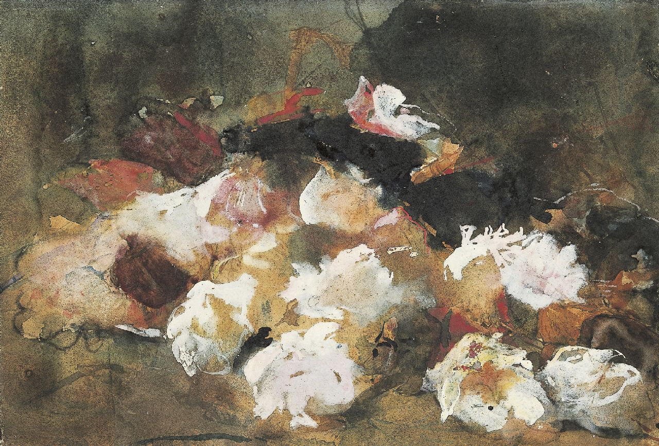 Breitner G.H.  | George Hendrik Breitner, Stilleven van rozen, zwart krijt en aquarel op papier 26,3 x 37,6 cm