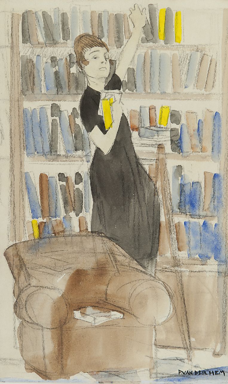 Hem P. van der | Pieter 'Piet' van der Hem, De bibliothecaresse, krijt en aquarel op papier 33,4 x 20,0 cm, gesigneerd rechtsonder