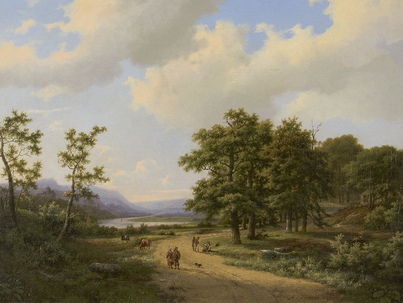 Koekkoek I M.A.  | Marinus Adrianus Koekkoek I, Boomrijk landschap met figuren op een landweg, olieverf op doek 47,0 x 62,0 cm, gesigneerd rechts van het midden. en gedateerd 1862