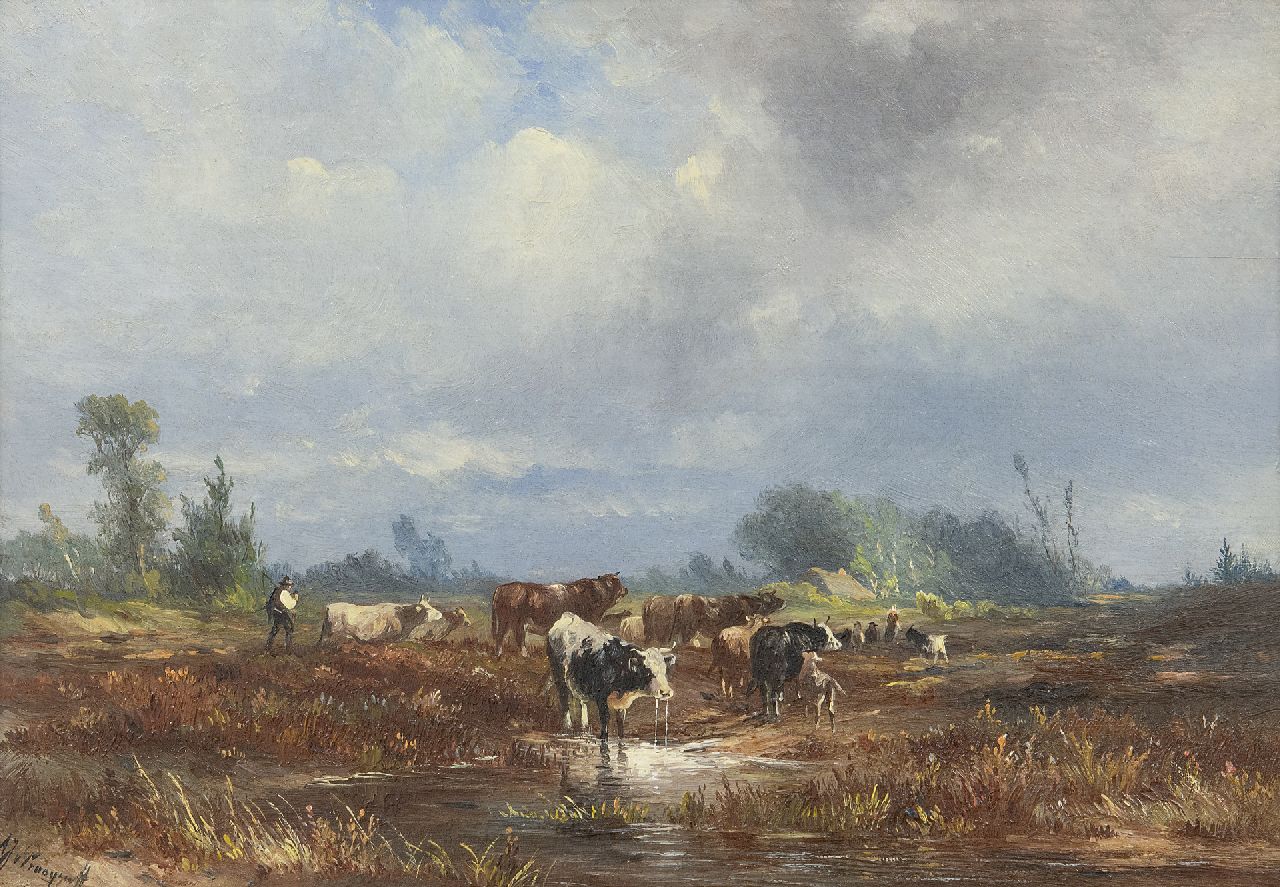 Prooijen A.J. van | Albert Jurardus van Prooijen | Schilderijen te koop aangeboden | Heidelandschap met herders en vee, olieverf op paneel 19,7 x 28,5 cm, gesigneerd linksonder