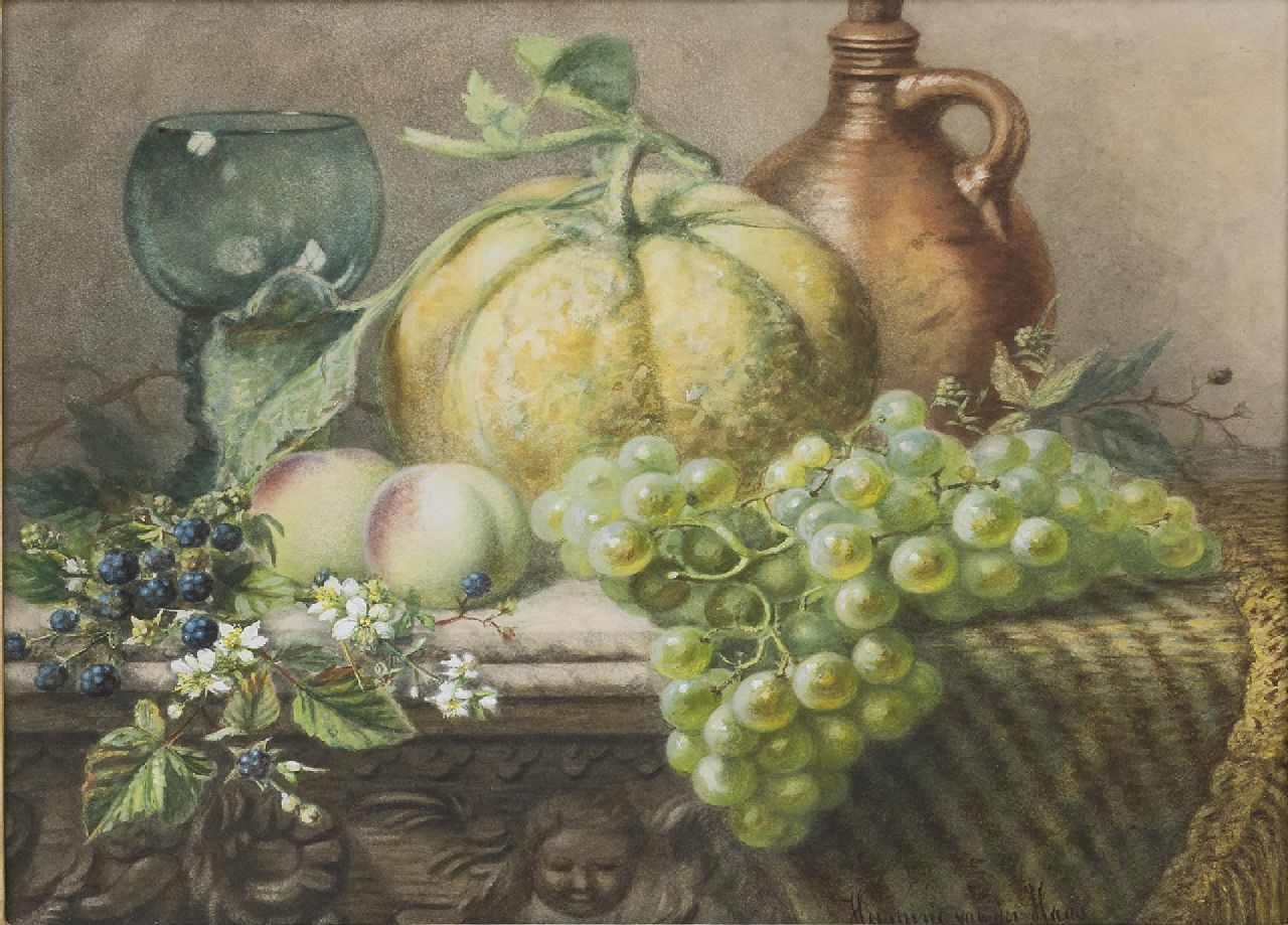 Hermina van der Haas | Stilleven met fruit en een roemer, aquarel op papier, 39,1 x 48,8 cm, gesigneerd r.o.