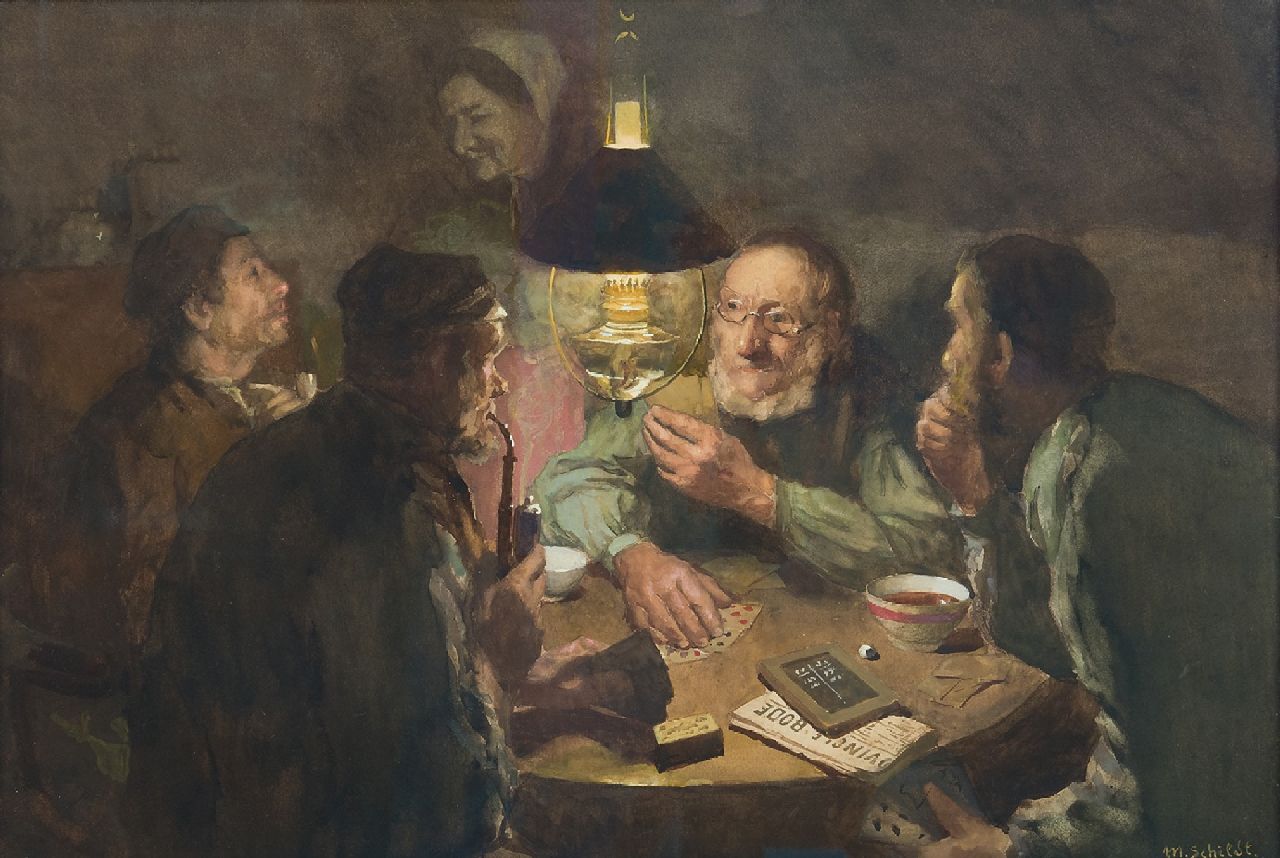 Martin Schildt | De kaartspelers, aquarel op papier, 34,5 x 50,4 cm, gesigneerd r.o.