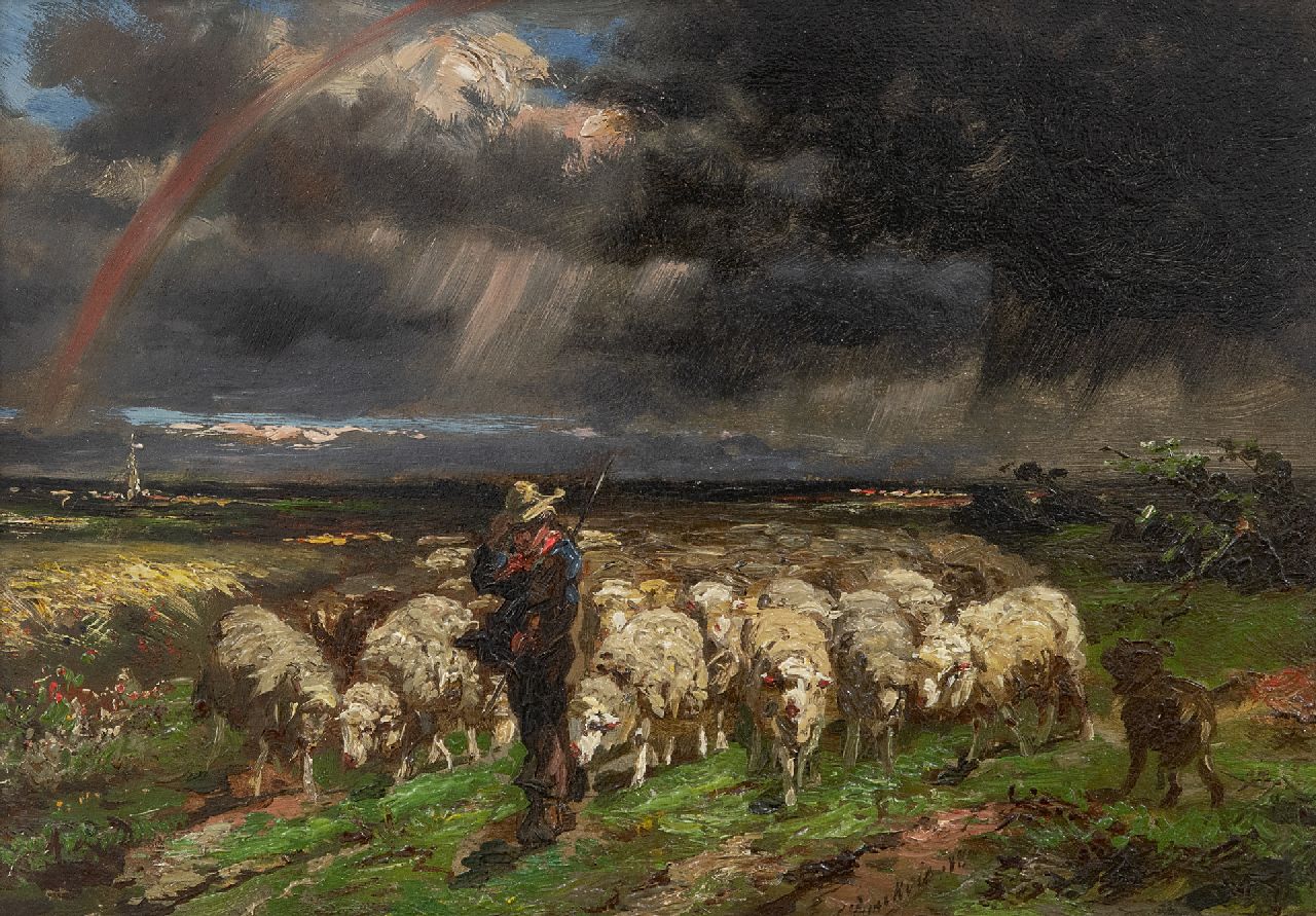 Franse School, 19e eeuw   | Franse School, 19e eeuw | Schilderijen te koop aangeboden | Kudde schapen, vluchtend voor het onweer/regenboog, olieverf op paneel 18,7 x 27,0 cm, gesigneerd rechts van het midden
