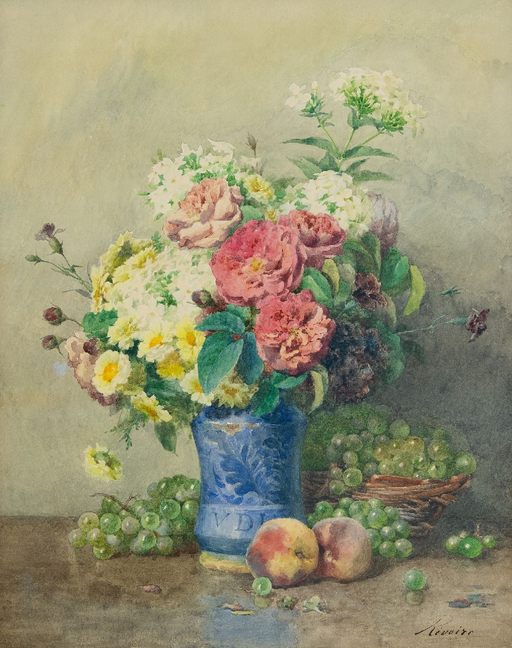 Rivoire F.  | François Rivoire | Aquarellen en tekeningen te koop aangeboden | Stilleven met rozen, phloxen en fruit, aquarel op papier 58,4 x 46,4 cm, gesigneerd rechtsonder