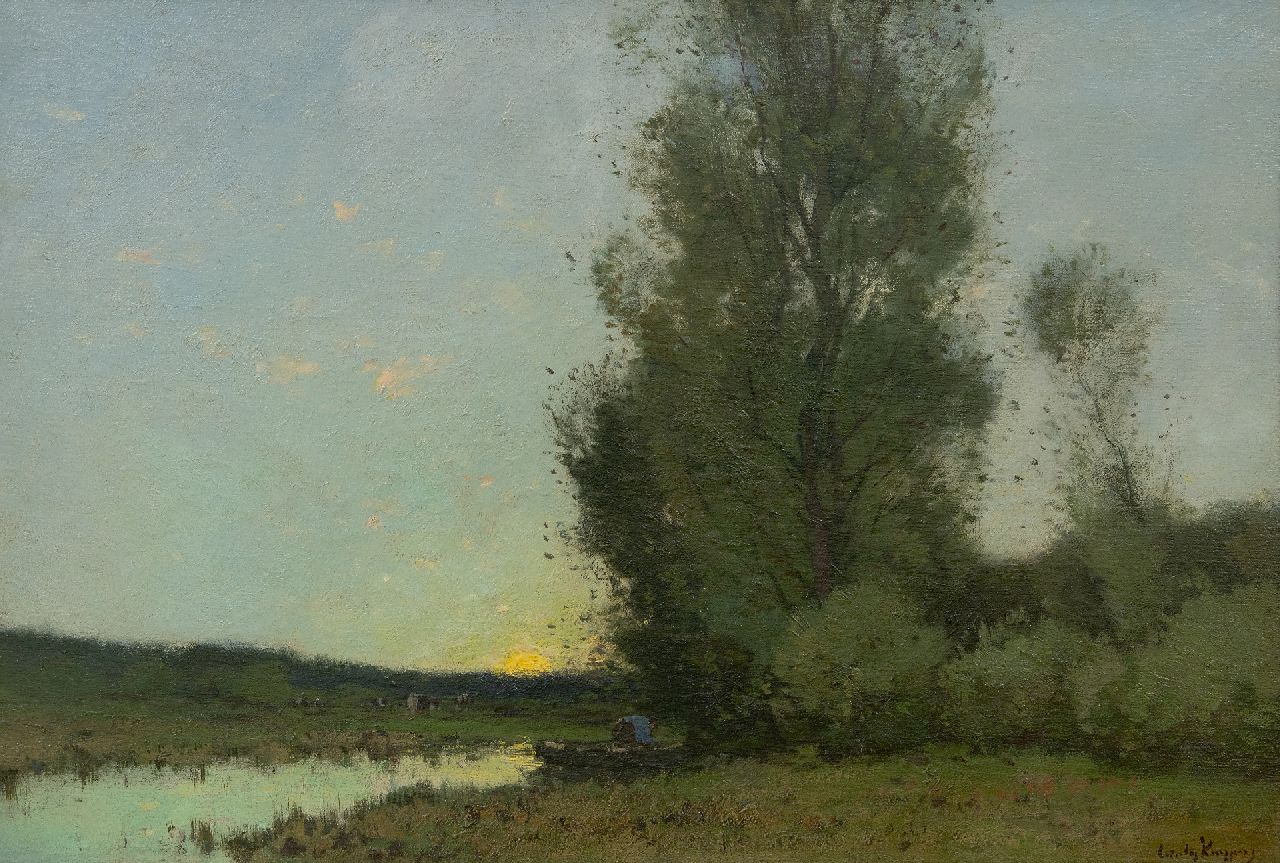 Kuijpers C.  | Cornelis Kuijpers | Schilderijen te koop aangeboden | Boer in roeiboot bij zonsopkomst aan de bosrand, olieverf op doek 42,0 x 61,5 cm, gesigneerd rechtsonder