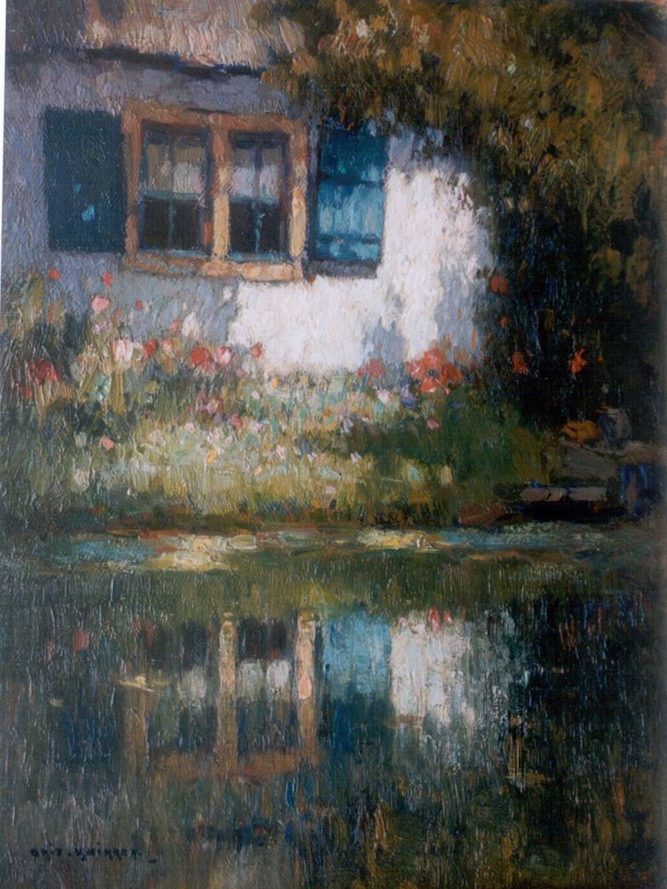Knikker A.  | Aris Knikker, Zomers huisje aan de waterkant, olieverf op doek op paneel 24,0 x 18,0 cm, gesigneerd linksonder